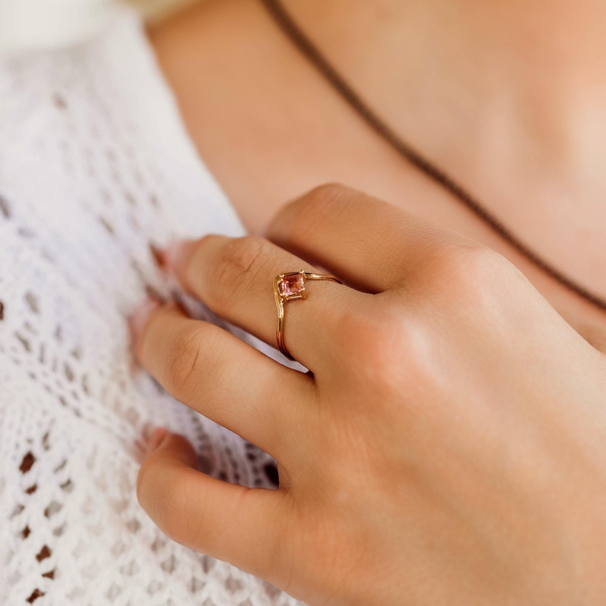 Princess Cut Pink Tourmaline Ring V Band in 14k Gold - Melt'm Jewelry