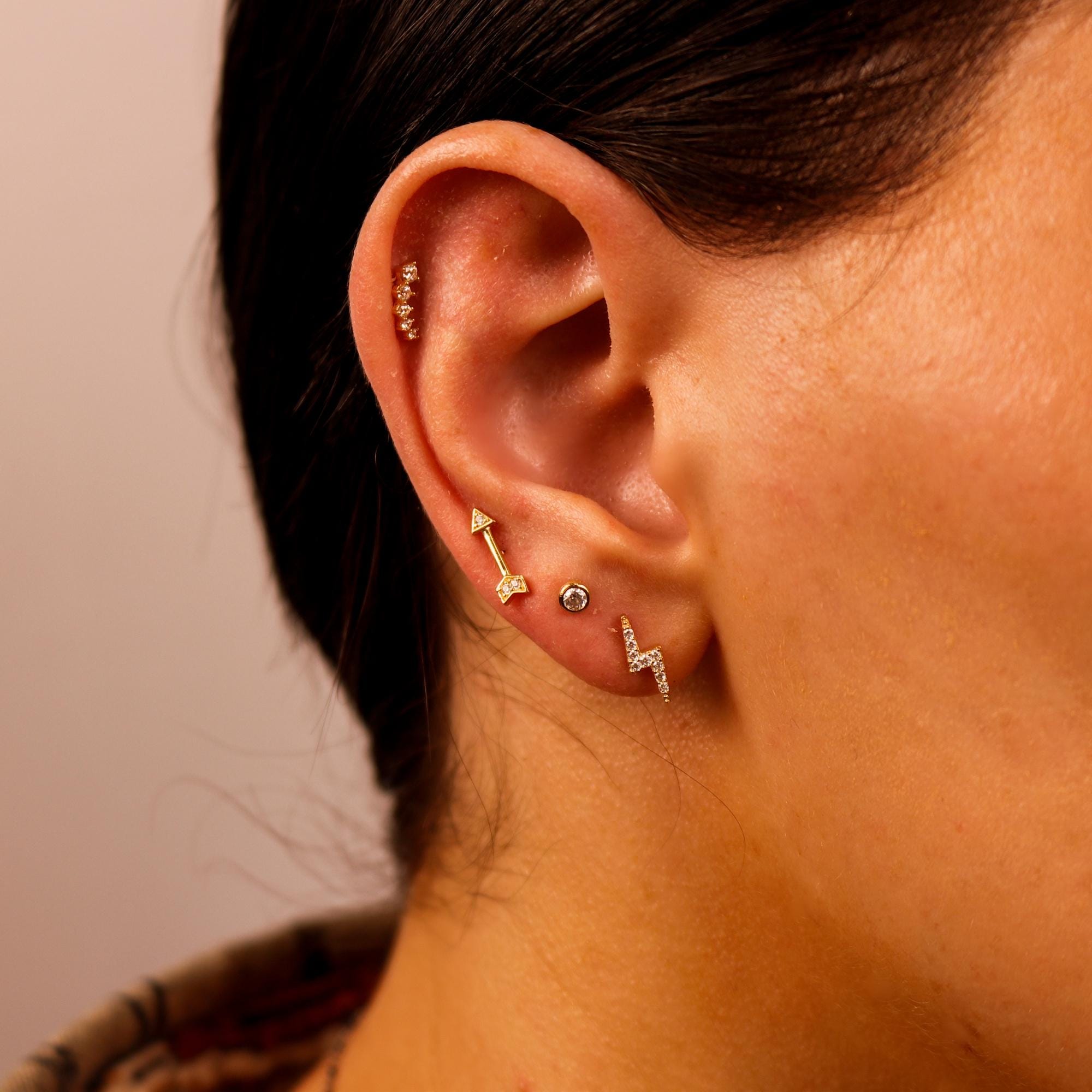 CZ Curved Bar Ear Piercing, Flat Back internally threaded labret studs (SINGLE or PAIR)