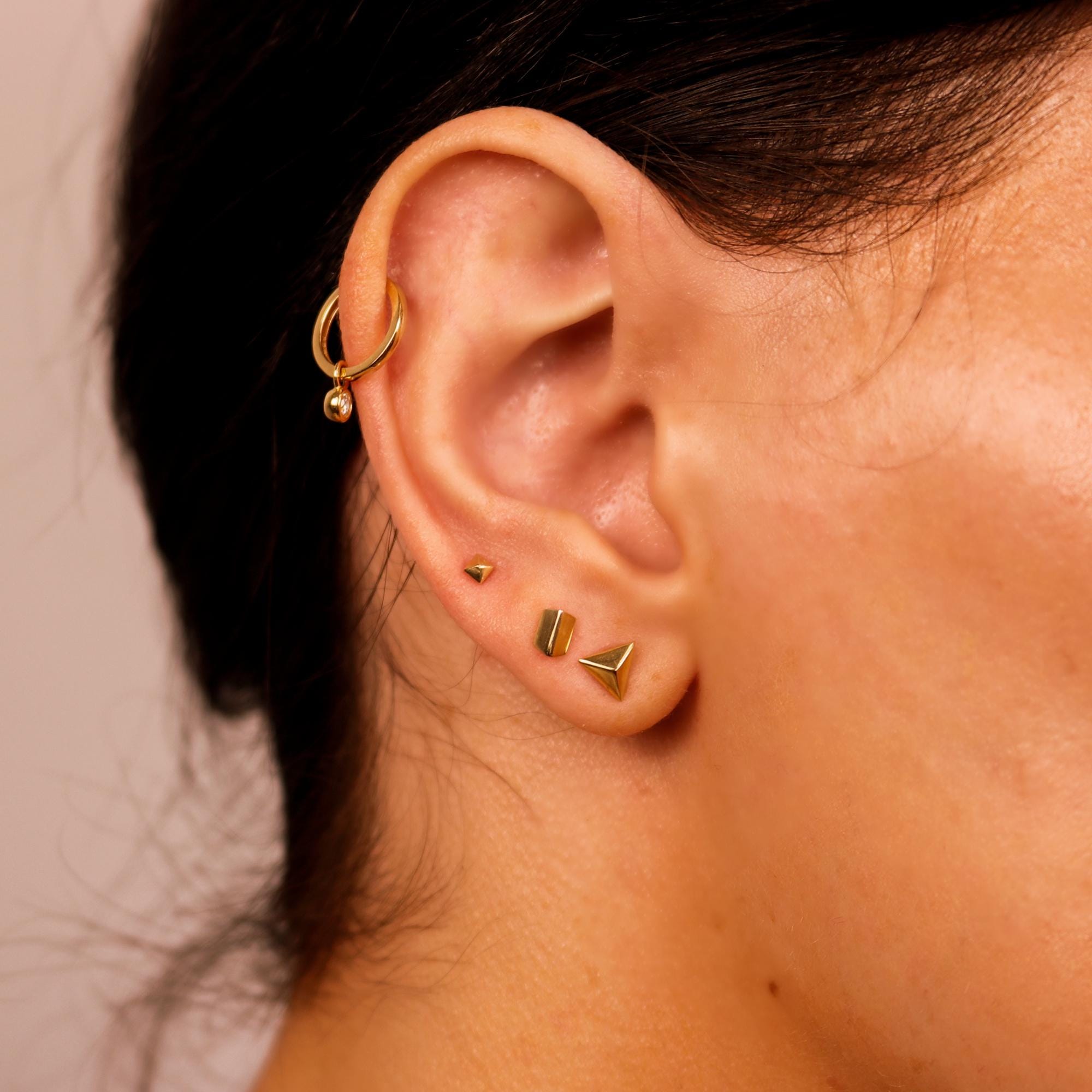 Teeny Tiny Pyramid Flat Back Earrings 14k Solid Gold, Internally Threaded Ear piercings - Melt'm Jewelry