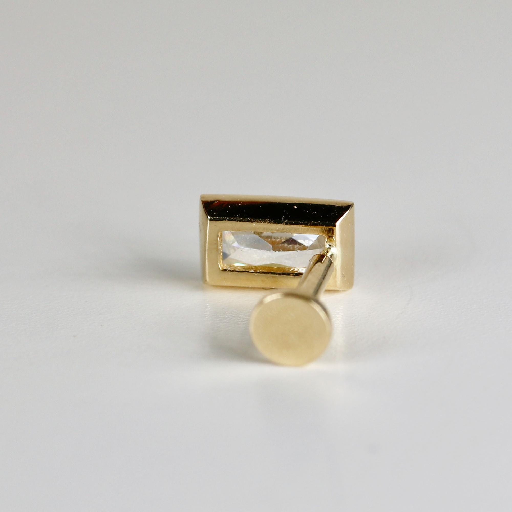 CZ Diamond Bezel Baguette Earrings 14k Solid Gold, Flat Back Internally Threaded Earrings (SINGLE) - Melt'm Jewelry