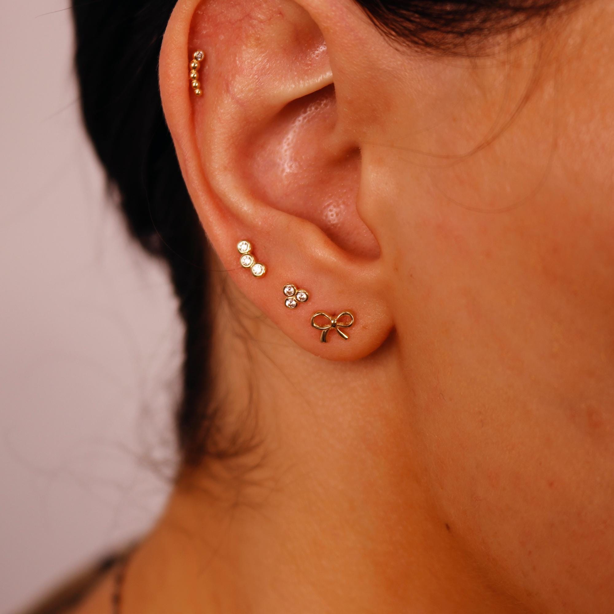 Tiny Beaded Line Internally Threaded Flat Back Earrings 14k Solid Gold - Melt'm Jewelry