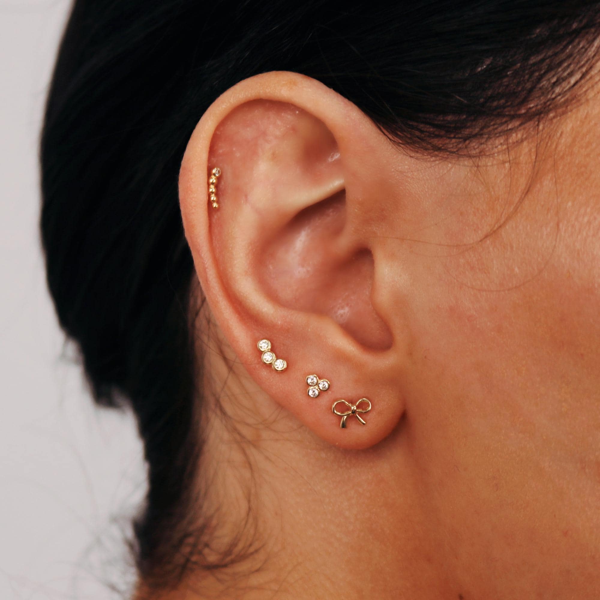 Tiny Beaded Line Internally Threaded Flat Back Earrings 14k Solid Gold - Melt'm Jewelry