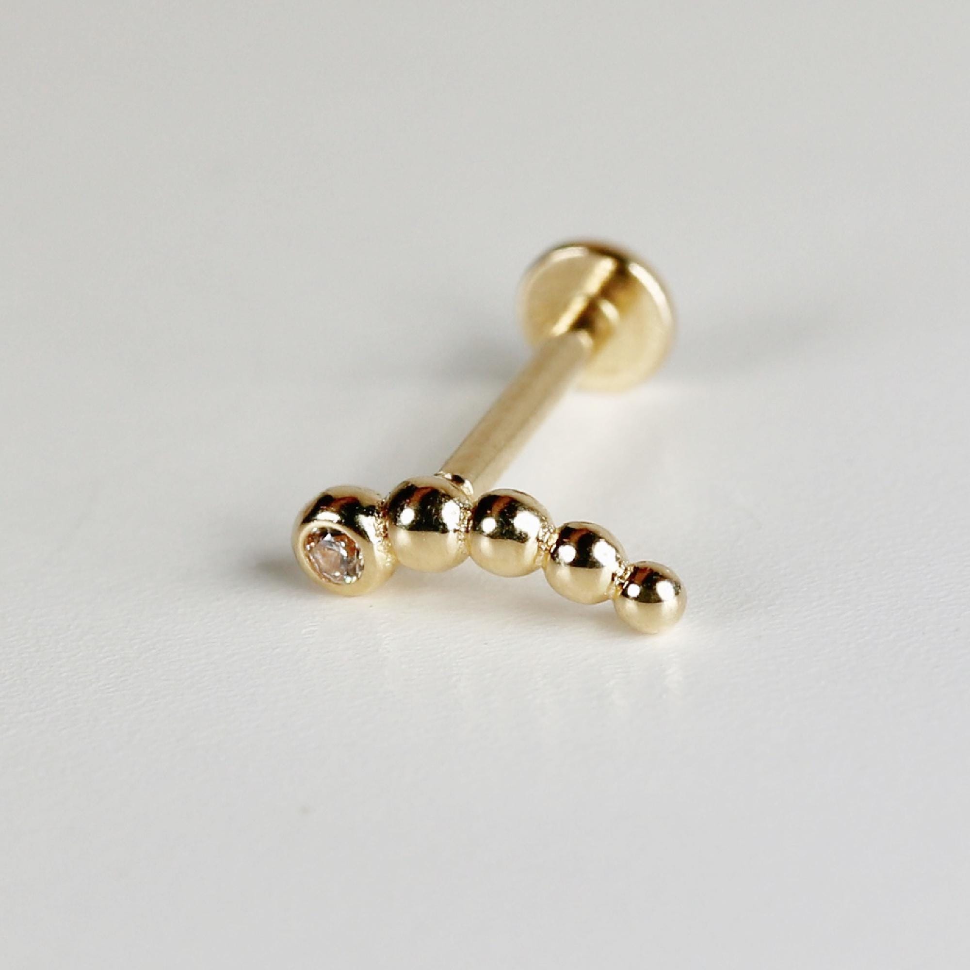 Tiny Beaded Line Internally Threaded Flat Back Earrings 14k Solid Gold - Melt'm Jewelry