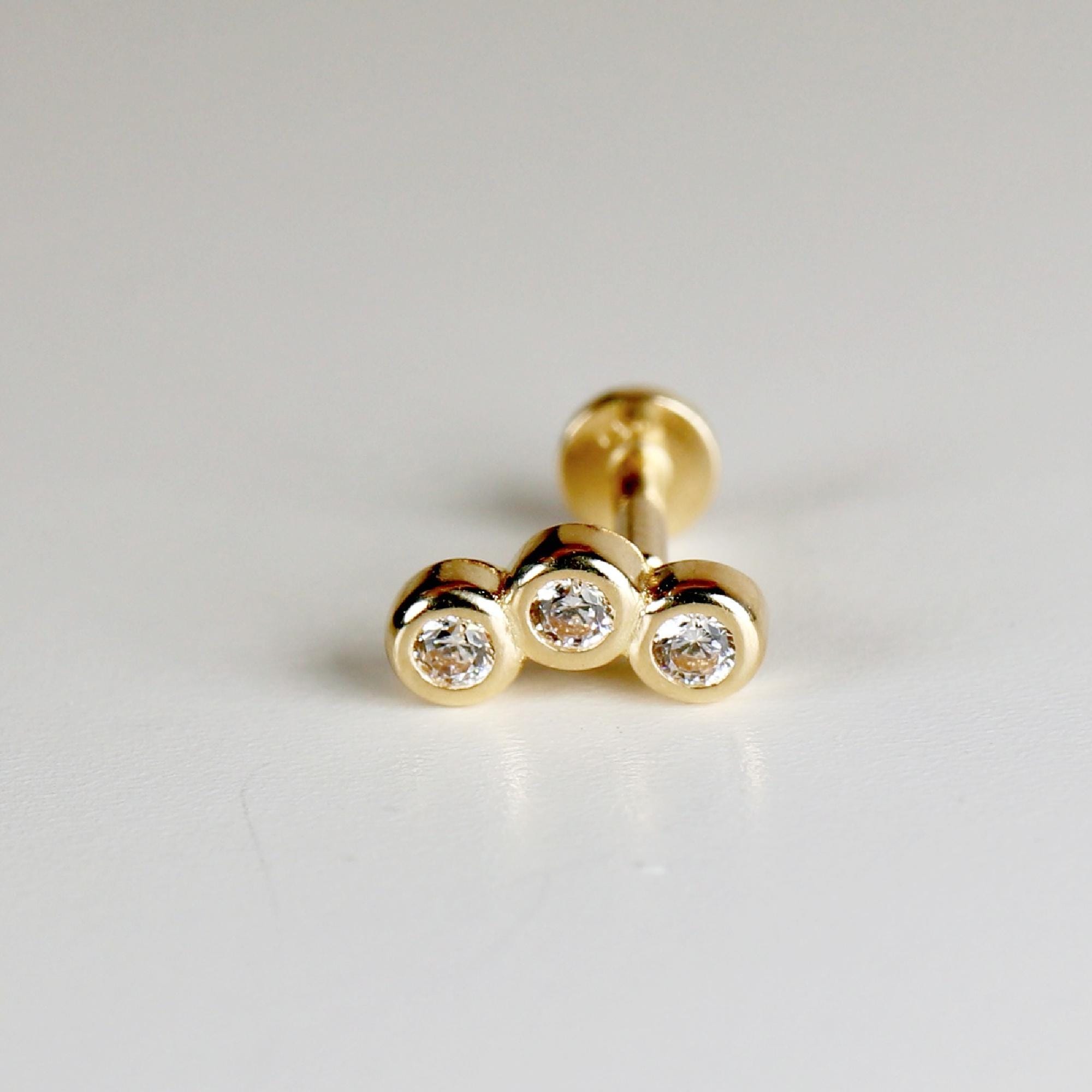 Three Bezel CZ Stone Curve Bar Ear Piercing 14k Solid Gold Flat Back (SINGLE or PAIR) - Melt'm Jewelry