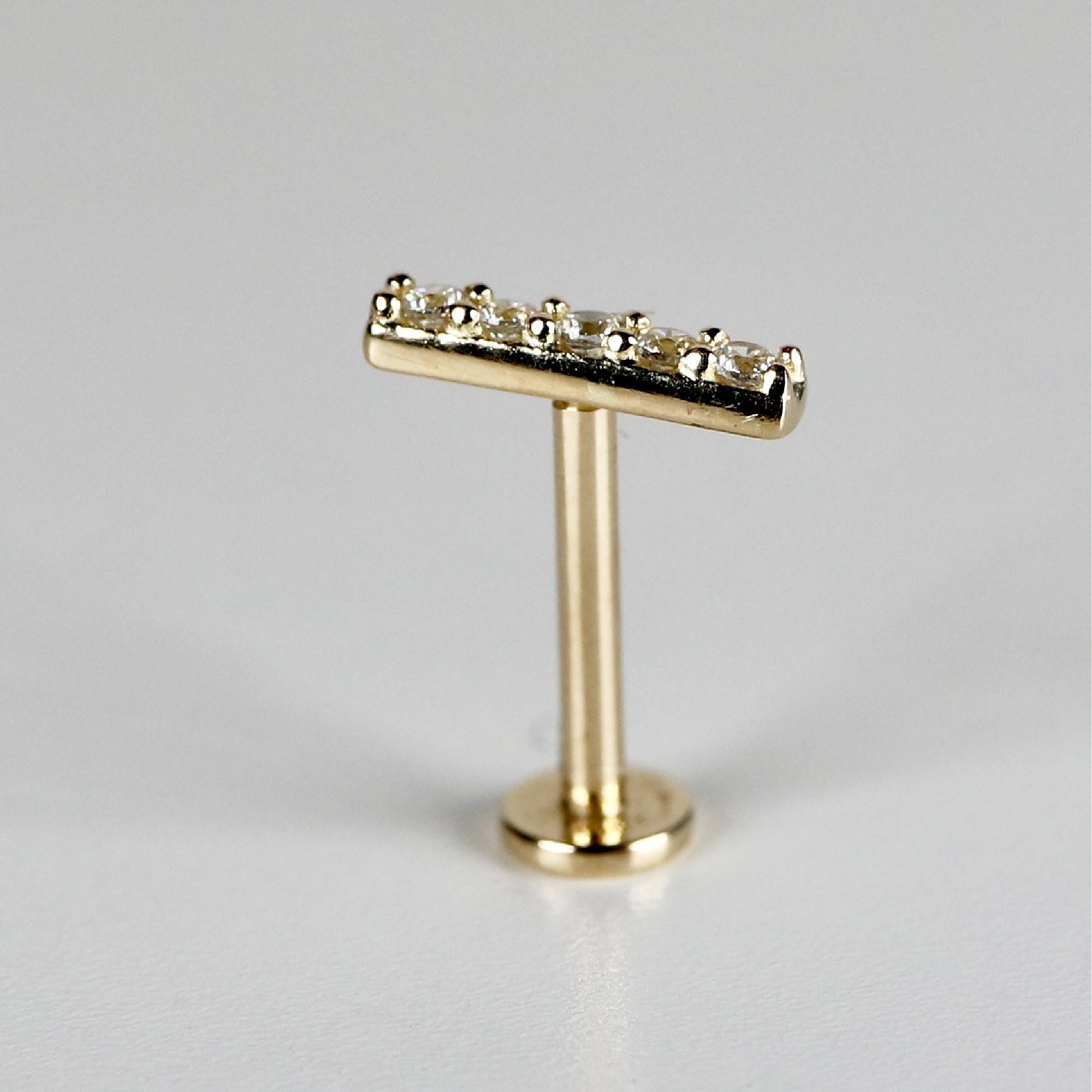 14k Solid Gold CZ Bar Flat Back Earrings, Internally Threaded Earrings Studs (SINGLE or PAIR) - Melt'm Jewelry