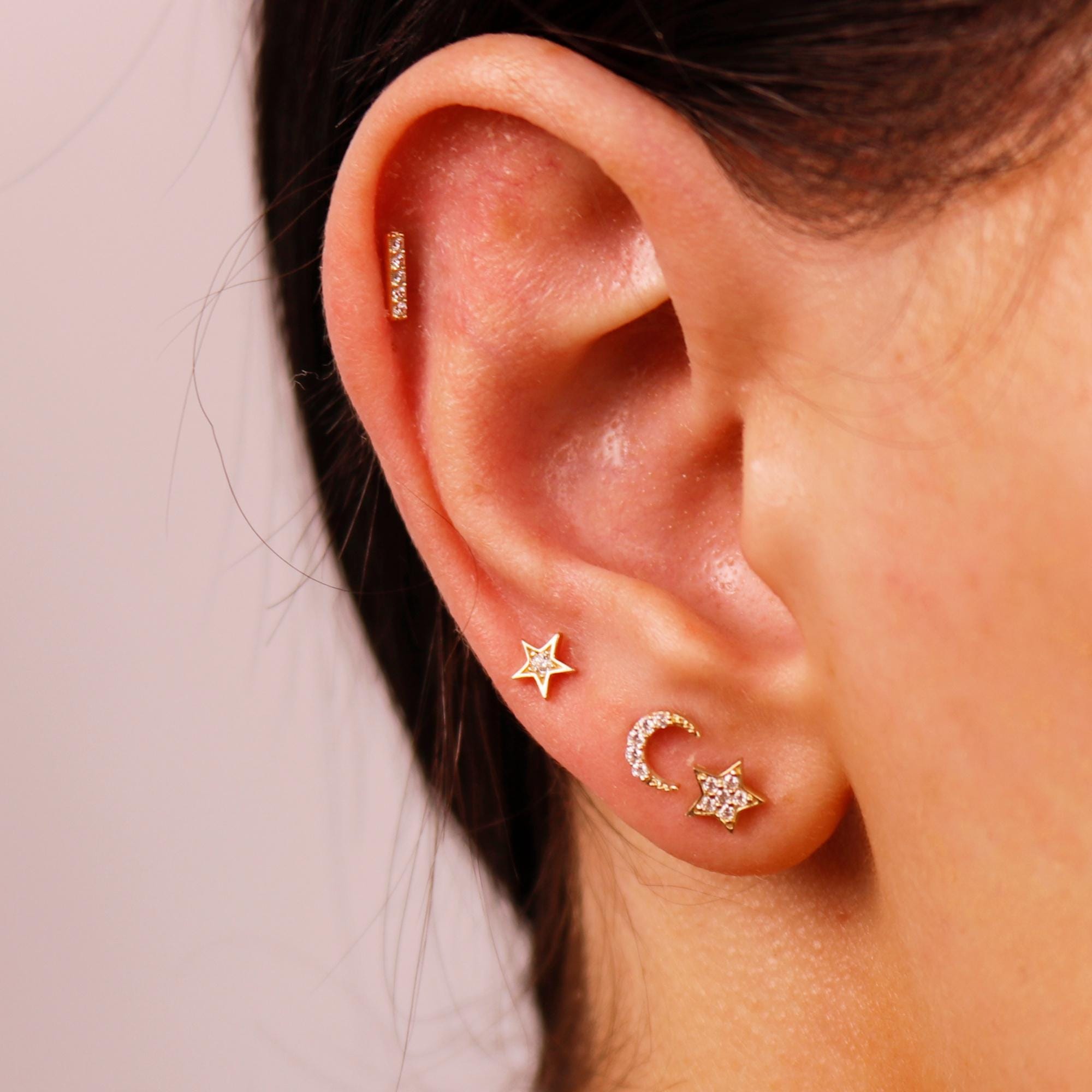 14k Solid Gold CZ Bar Flat Back Earrings, Internally Threaded Earrings Studs (SINGLE or PAIR) - Melt'm Jewelry