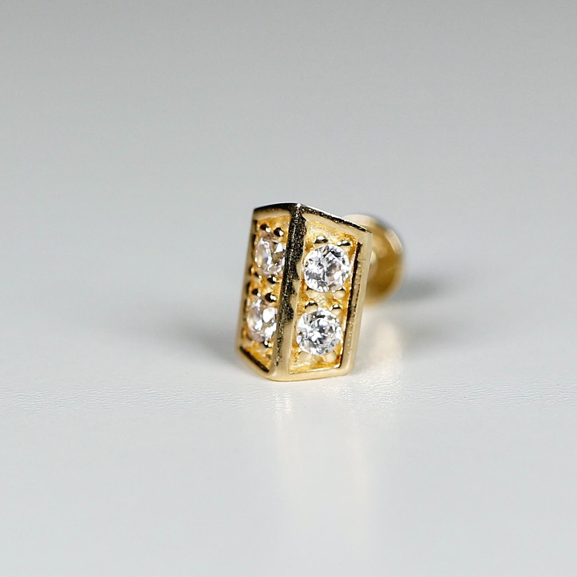 CZ 3D Rectangle Shield Flat Back Earrings, Internally Threaded (SINGLE or PAIR) - Melt'm Jewelry