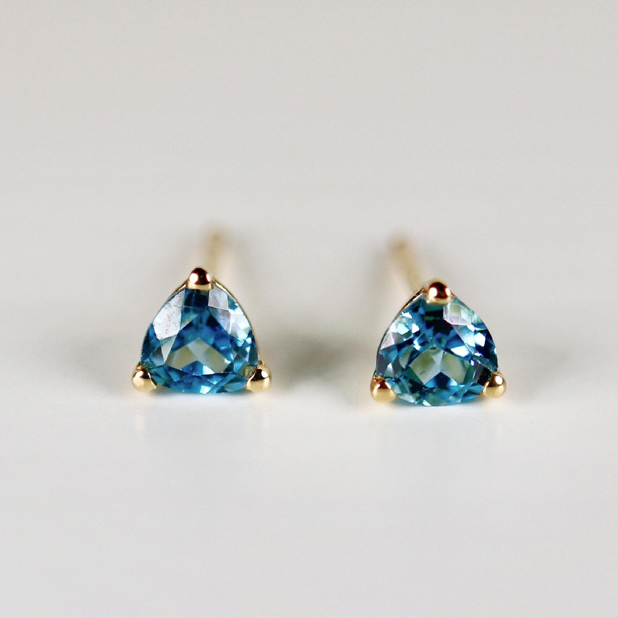 5mm Blue Topaz Earrings 14k Gold, Handmade Trillion Cut Blue Topaz Stud Earrings - Melt'm Jewelry
