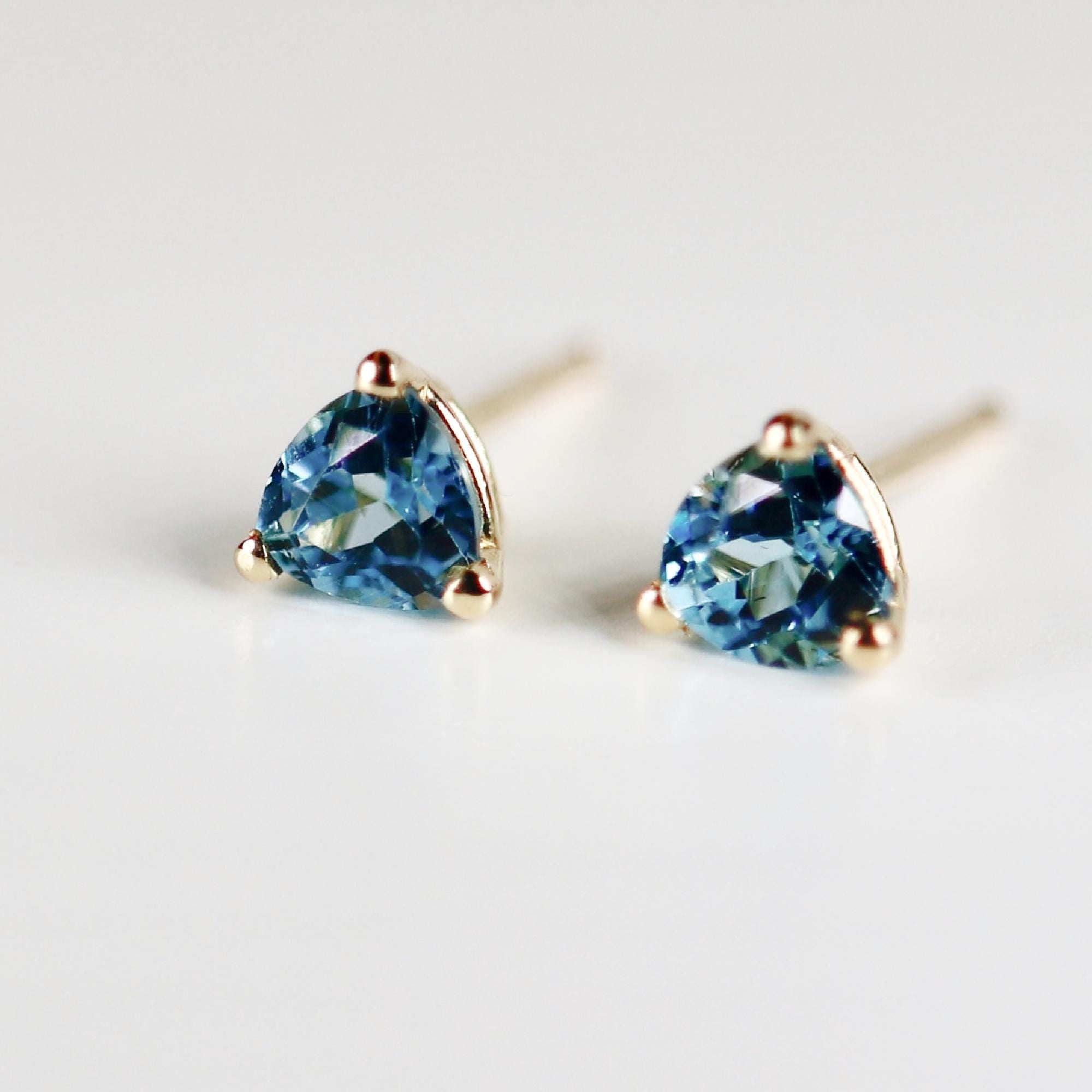 5mm Blue Topaz Earrings 14k Gold, Handmade Trillion Cut Blue Topaz Stud Earrings - Melt'm Jewelry
