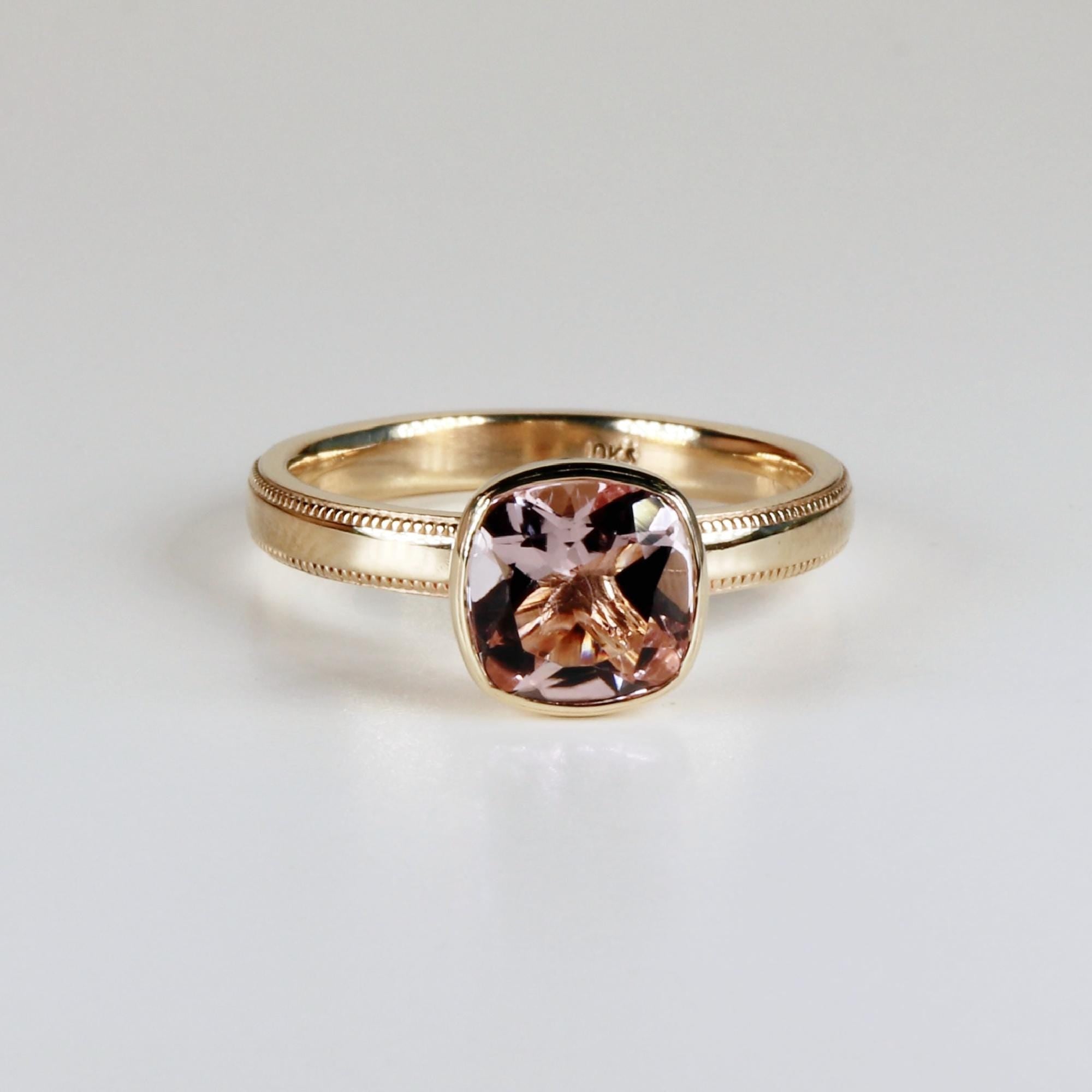 Cushion Cut Rose de France Amethyst Ring 10k Gold, Bezel Set Solitaire Engagement Ring - Melt'm Jewelry