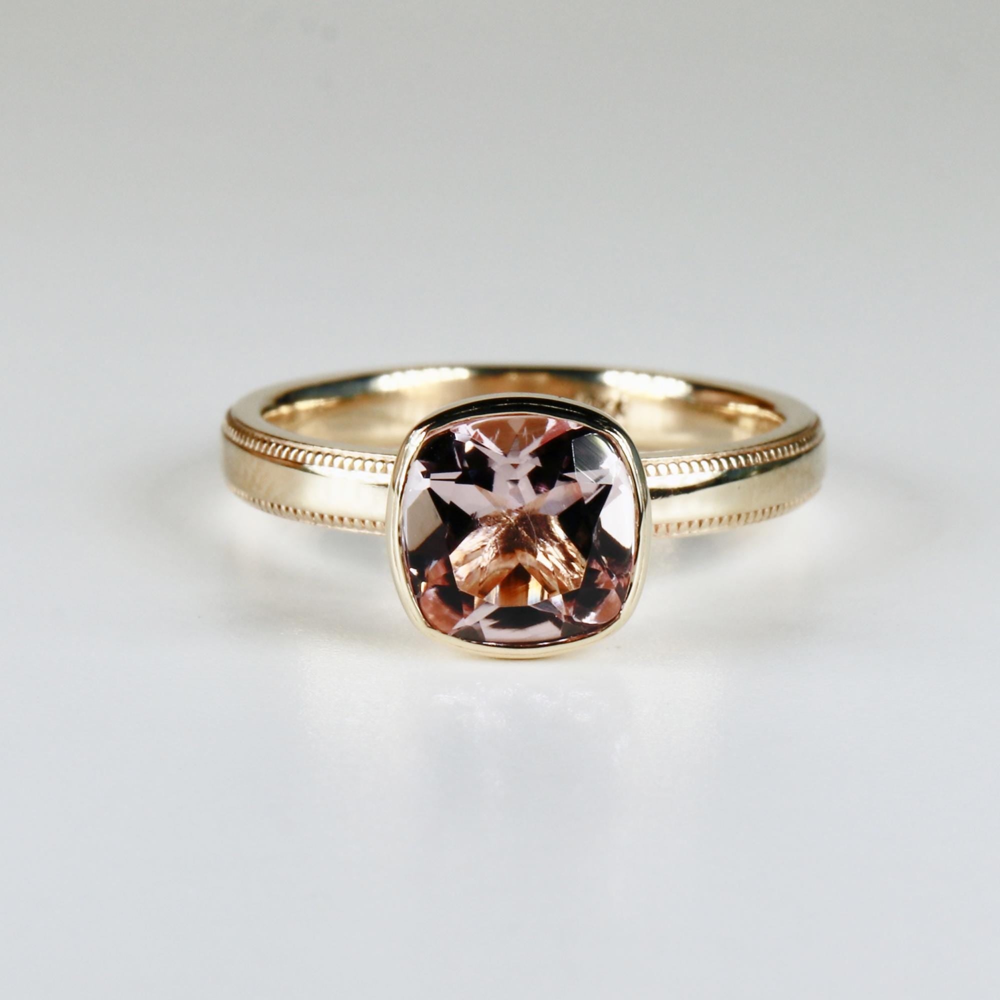 Cushion Cut Rose de France Amethyst Ring 10k Gold, Bezel Set Solitaire Engagement Ring - Melt'm Jewelry