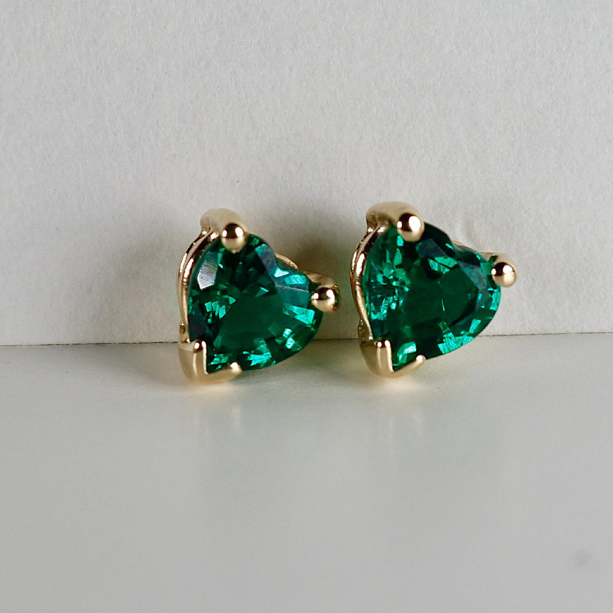 Heart Emerald Earrings 14k Solid Gold, Heart Emerald Stud Earrings - Melt'm Jewelry