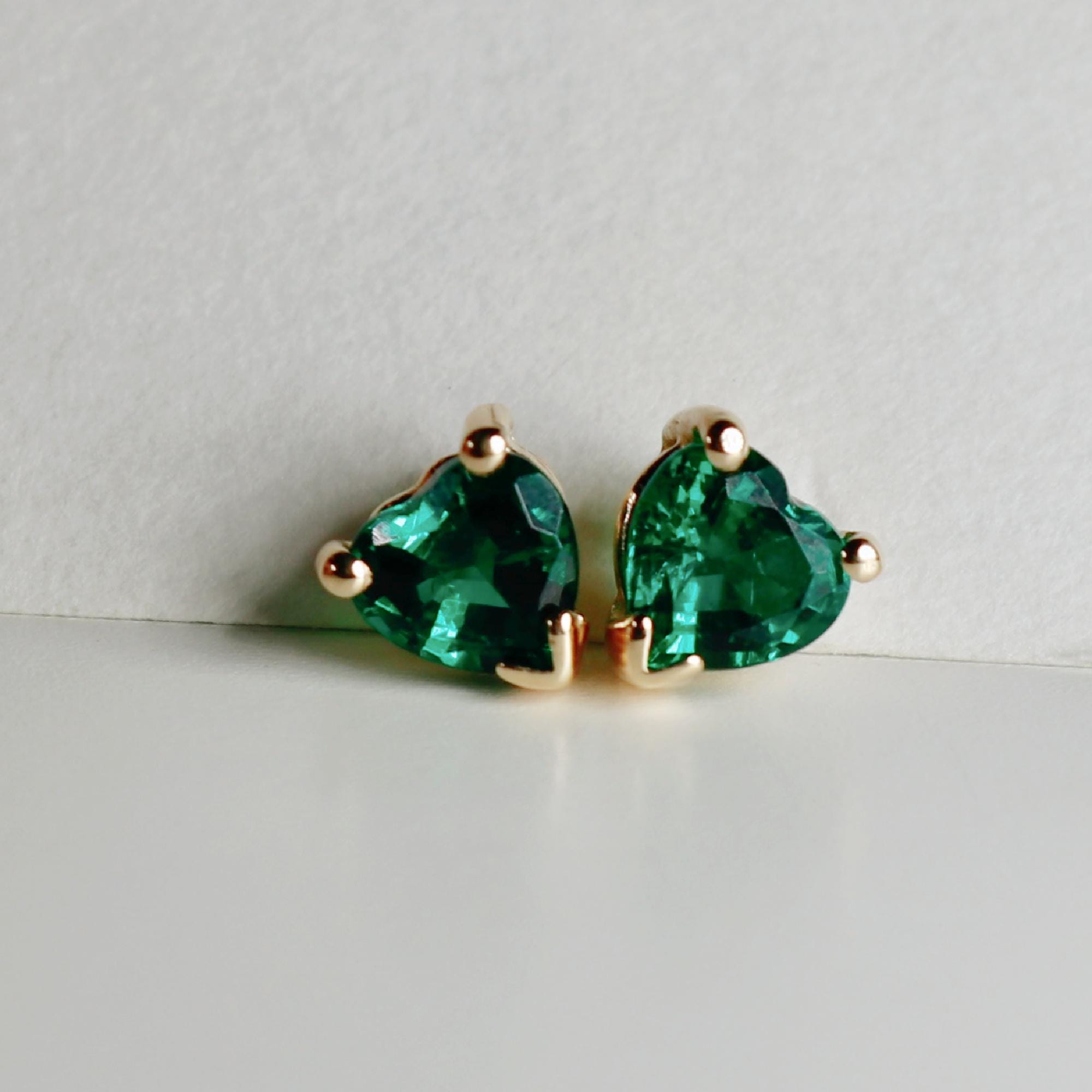 Heart Emerald Earrings 14k Solid Gold, Heart Emerald Stud Earrings - Melt'm Jewelry