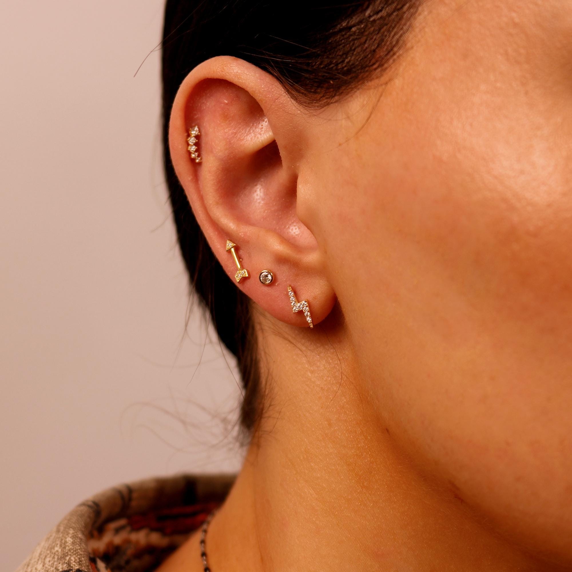 Lightning Bolt Flat Back Earring 14k Solid Gold, CZ Lightning Bolt Jewelry (SINGLE or PAIR) - Melt'm Jewelry