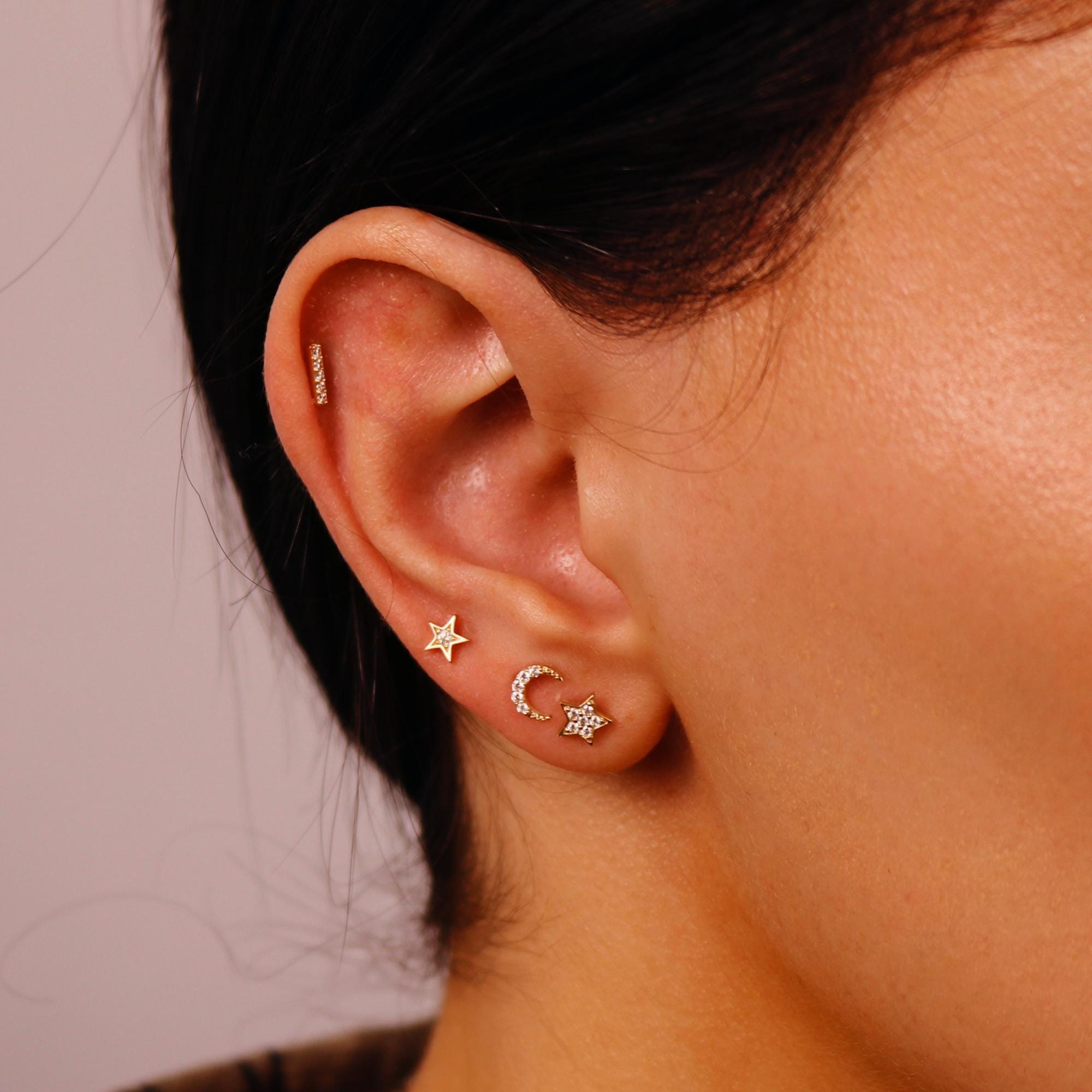 Cz Crescent Moon Earring 14k Solid Gold, Internally Threaded Flat Back Cartilage Earring - Melt'm Jewelry