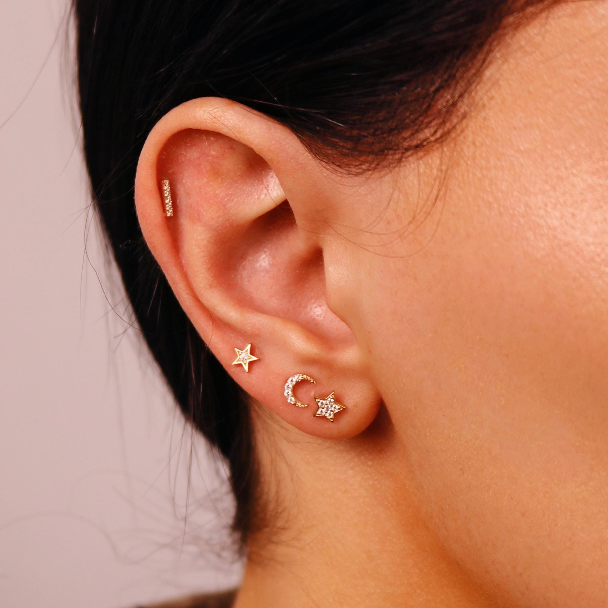 Cz Crescent Moon Earring 14k Solid Gold, Internally Threaded Flat Back Cartilage Earring - Melt'm Jewelry