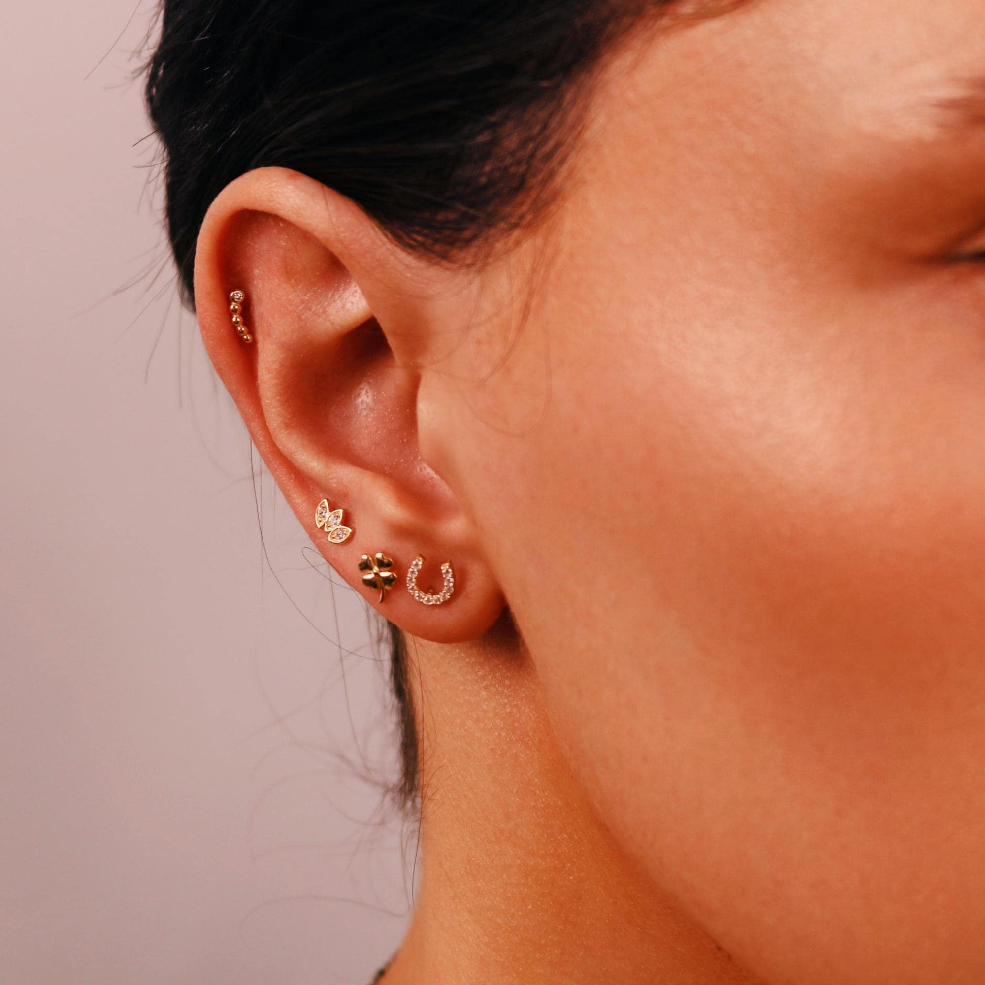 Four Leaf Clover Flat Back Stud 14k Solid Gold, Luck Symbol Stack Earrings - Melt'm Jewelry