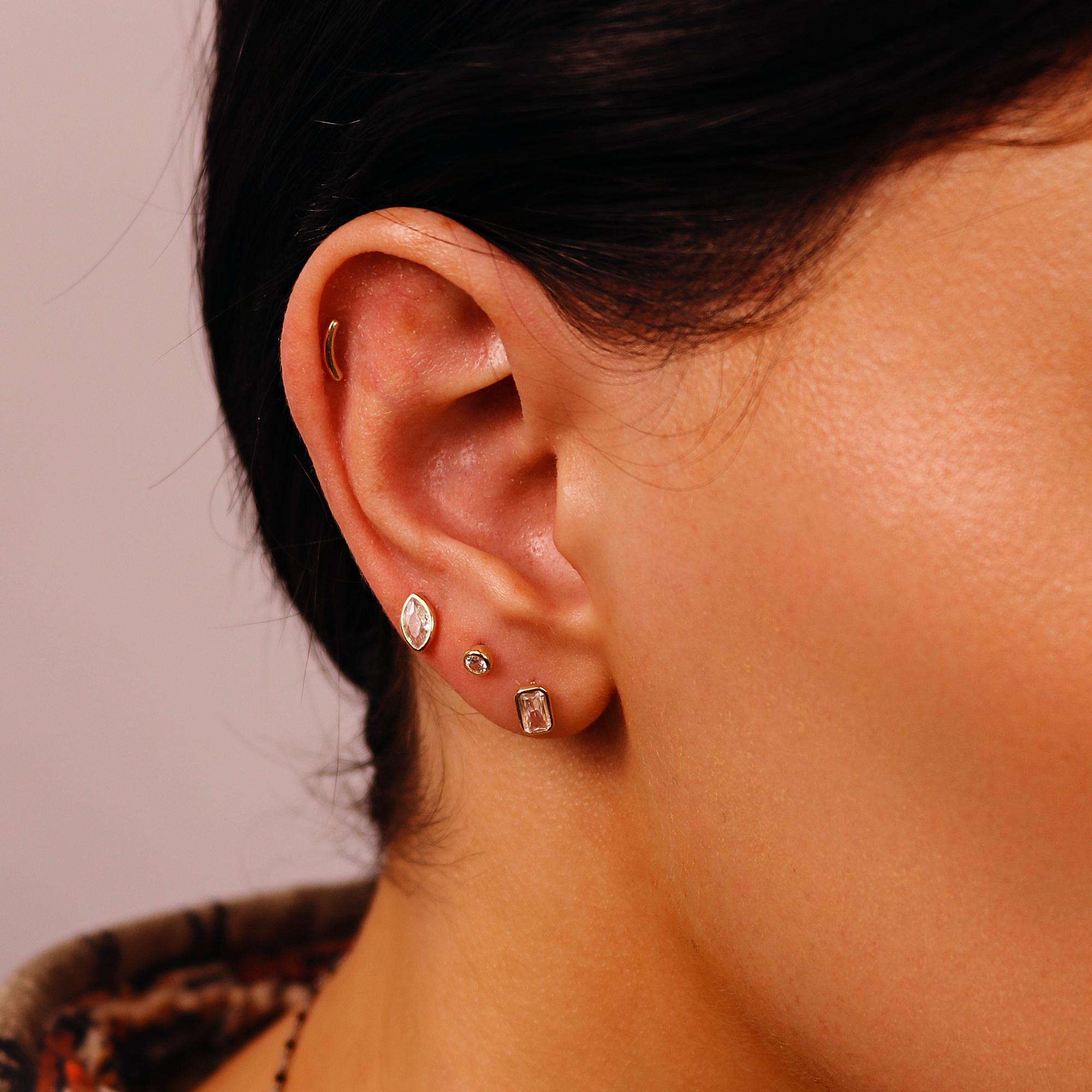 Marquise CZ Simulated Diamond Bezel Earring 14k Solid Gold, Flat Back Internally Threaded Earring