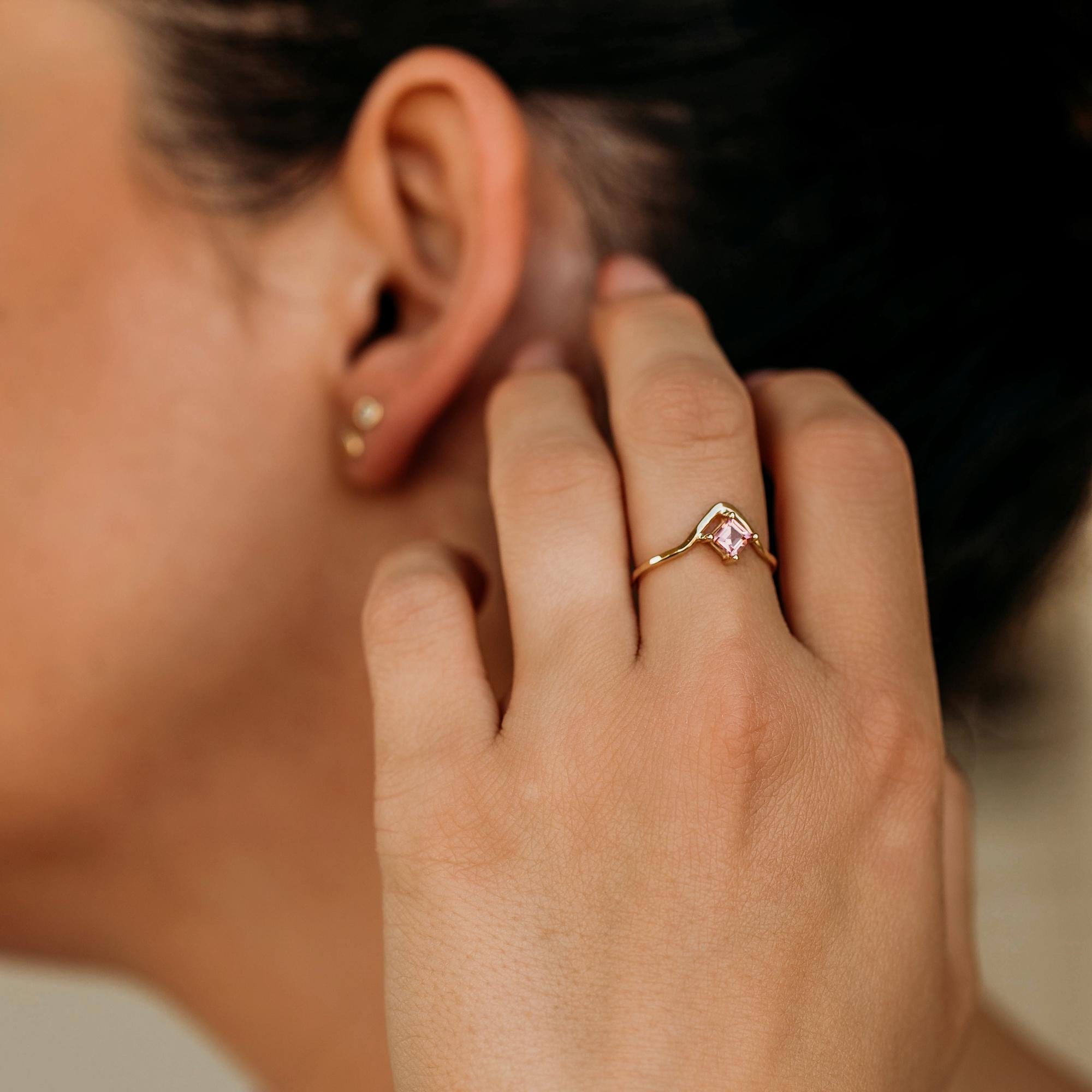 Princess Cut Pink Tourmaline Ring V Band in 14k Gold - Melt'm Jewelry