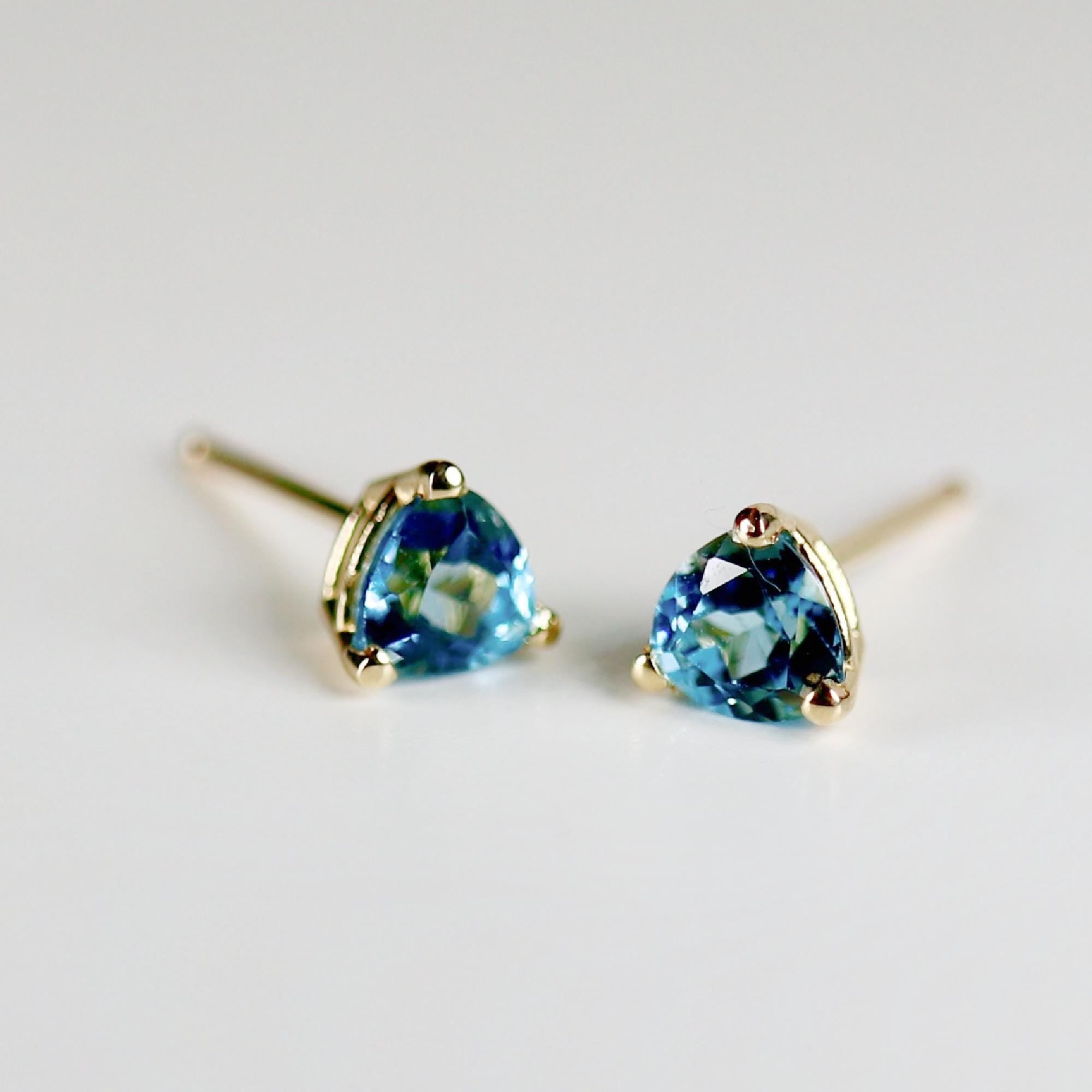 5mm Blue Topaz Earrings 14k Gold, Handmade Trillion Cut Blue Topaz Stud Earrings - Melt'm Jewelry
