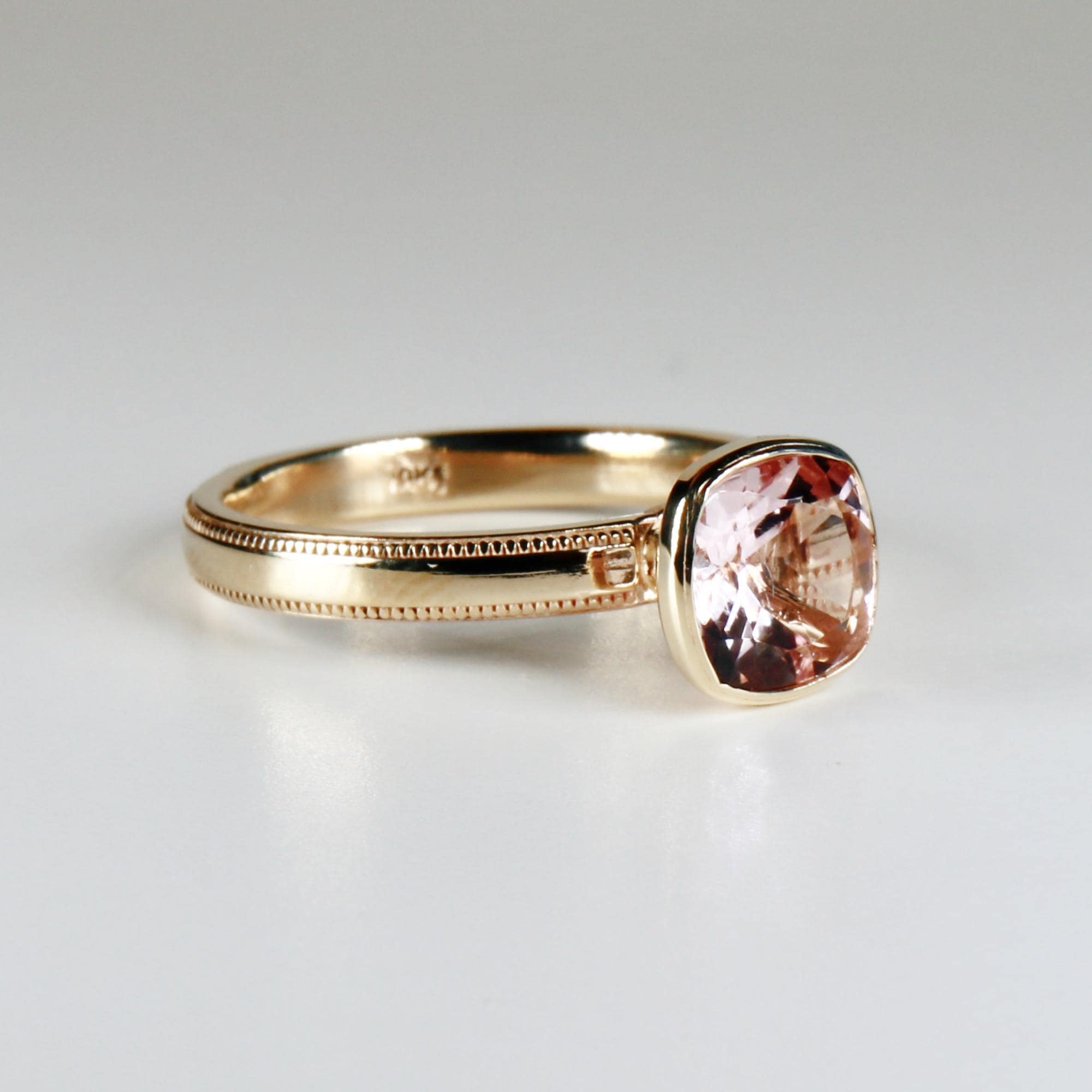 Cushion Cut Rose de France Amethyst Ring 10k Gold, Bezel Set Solitaire Engagement Ring - Melt'm Jewelry