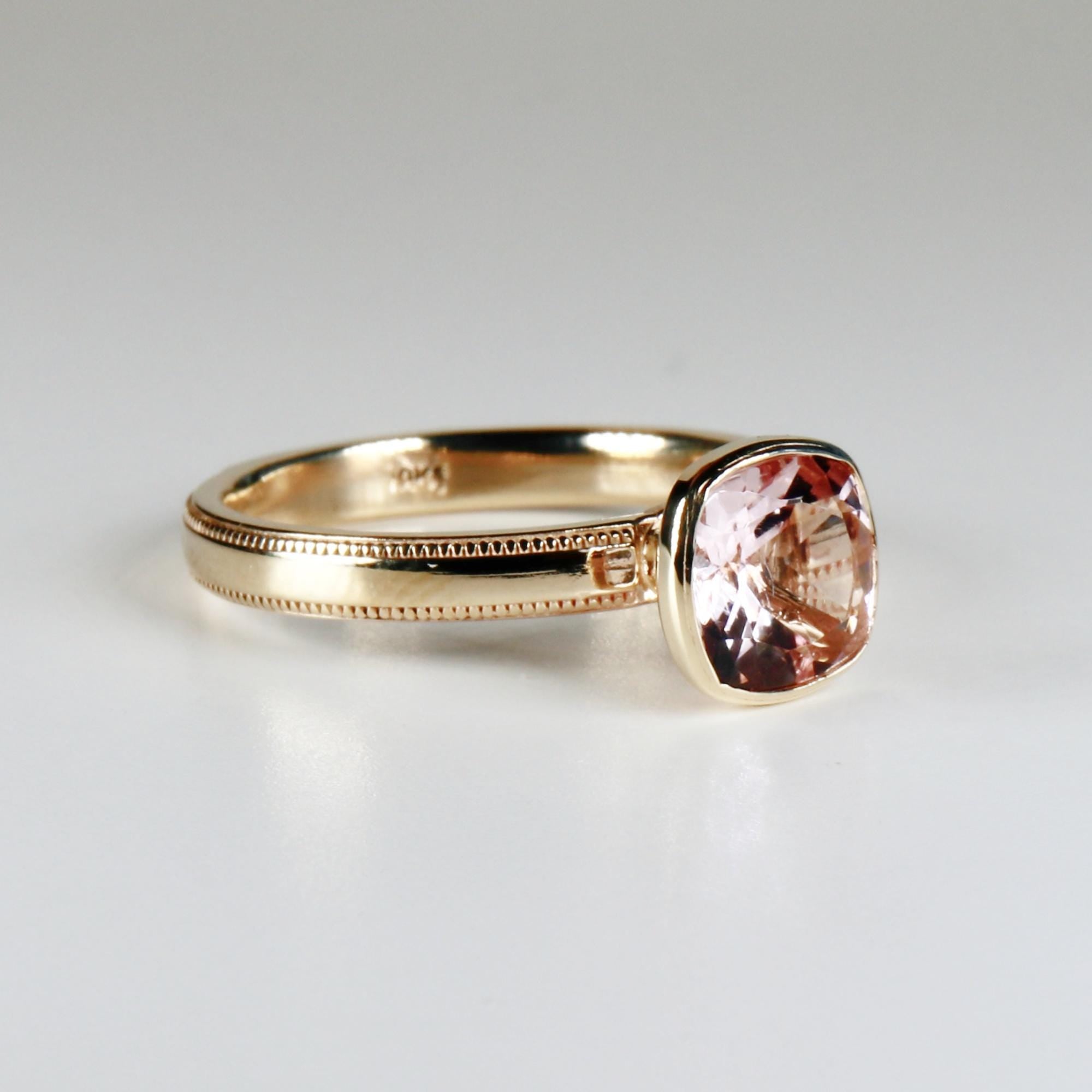 Cushion Cut Rose de France Amethyst Ring 10k Gold, Bezel Set Solitaire Engagement Ring - Melt'm Jewelry