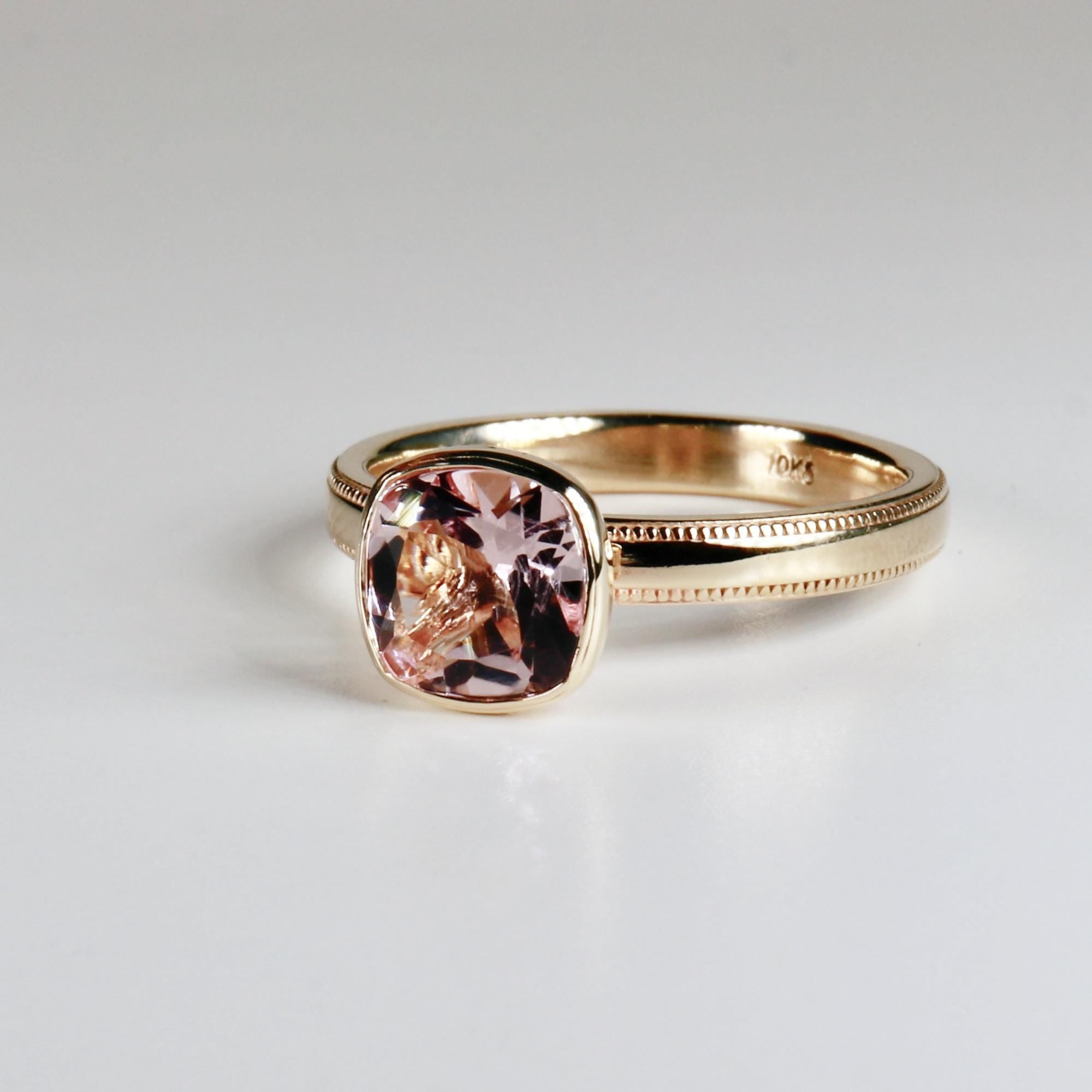 Cushion Cut Rose de France Amethyst Ring 10k Gold, Bezel Set Solitaire Engagement Ring - Melt'm Jewelry
