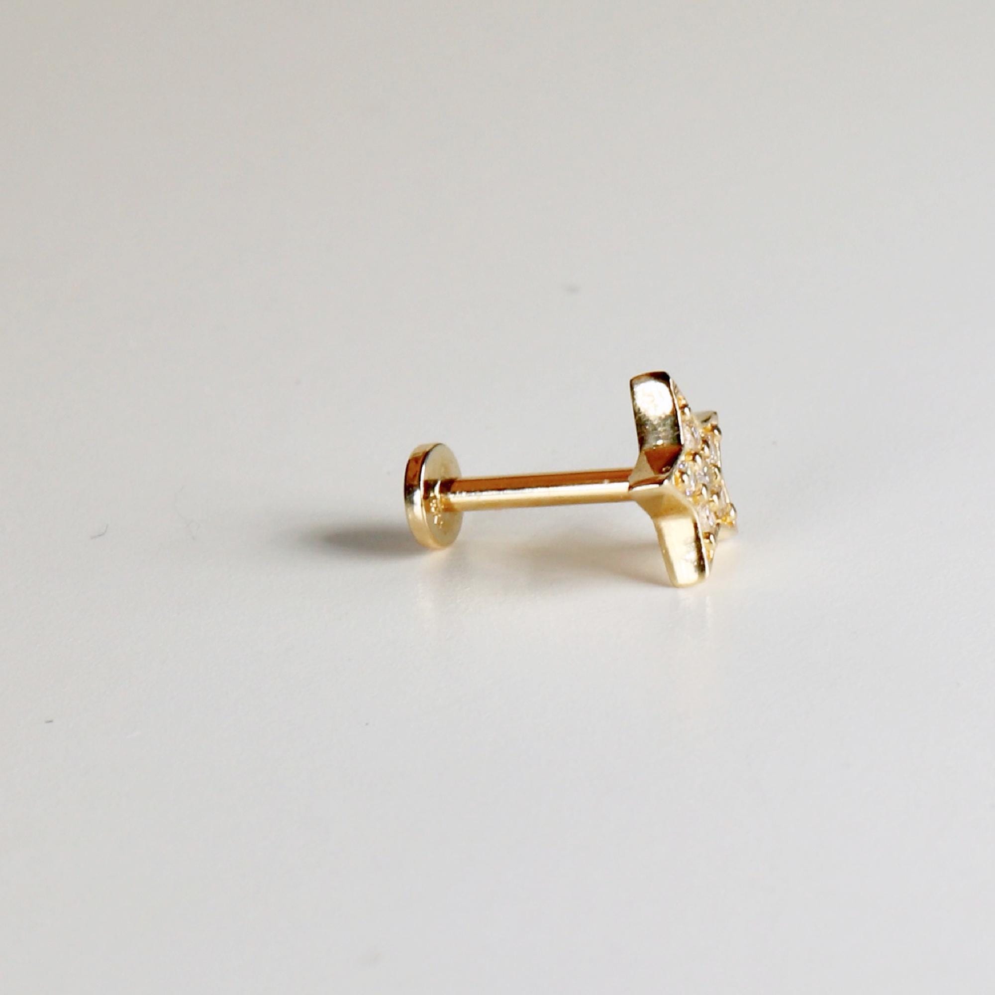 Cz Star Earring 14k Solid Gold, Internally Threaded Flat Back Earring - Melt'm Jewelry