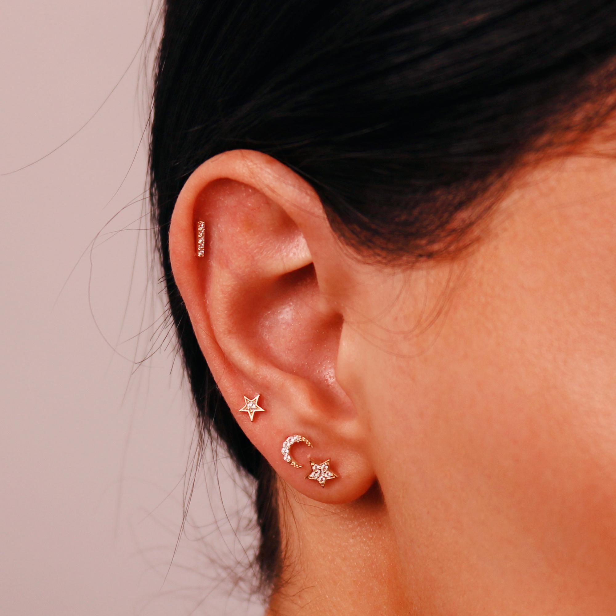 Cz Mini Star Earring 14k Solid Gold, Internally Threaded Flat Back Cartilage Earring - Melt'm Jewelry