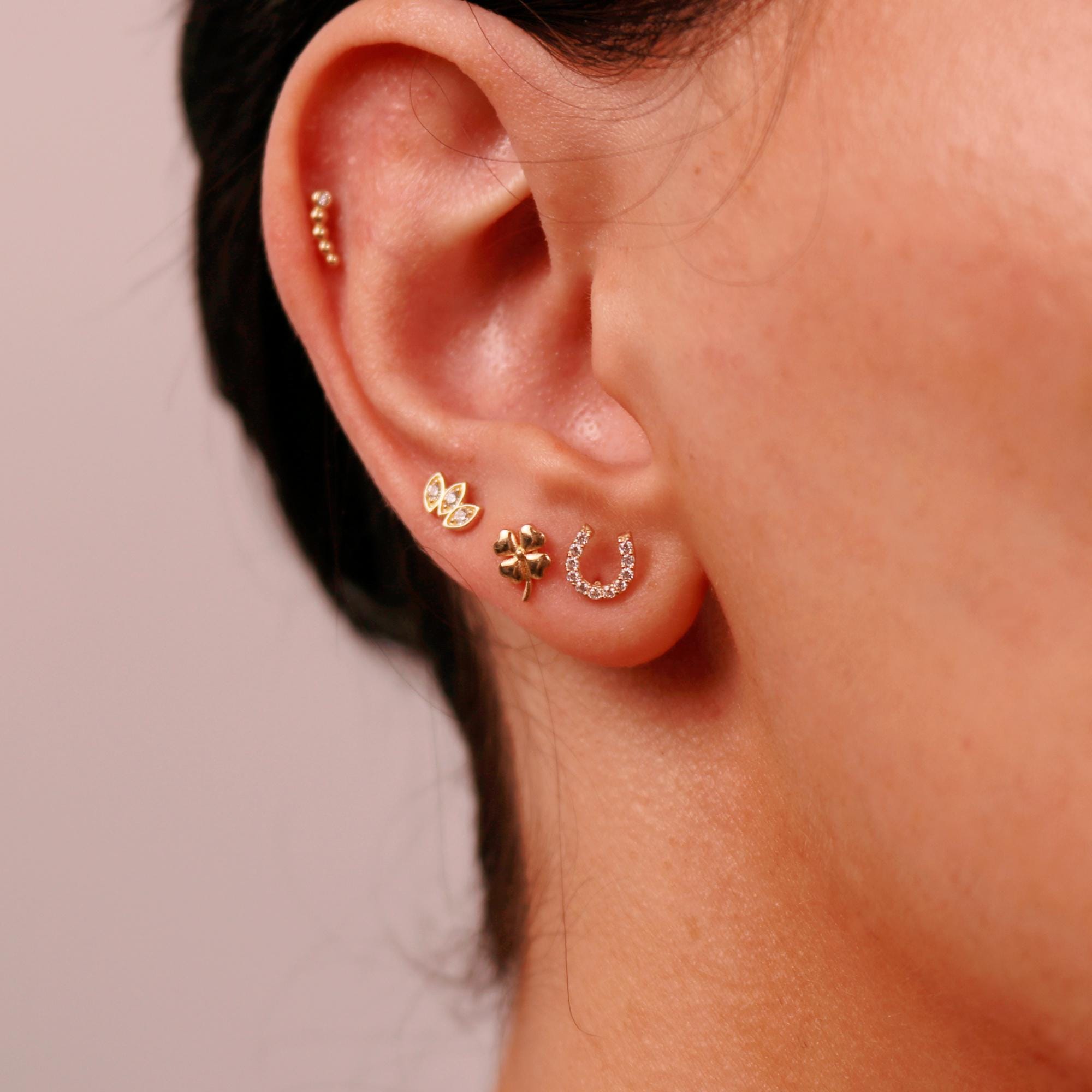 Cz Horseshoe Earring 14k Solid Gold, Internally Threaded Flat Back Cartilage Earring - Melt'm Jewelry