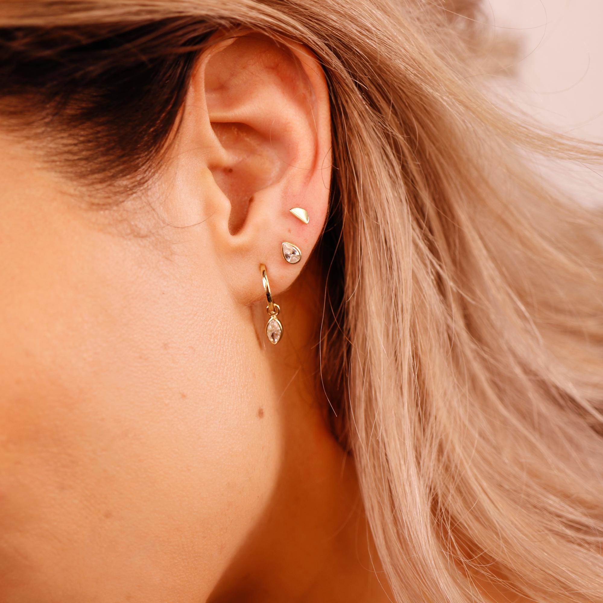Pear CZ Bezel Set Flat Back Earrings 14k Solid Gold (single or pair)