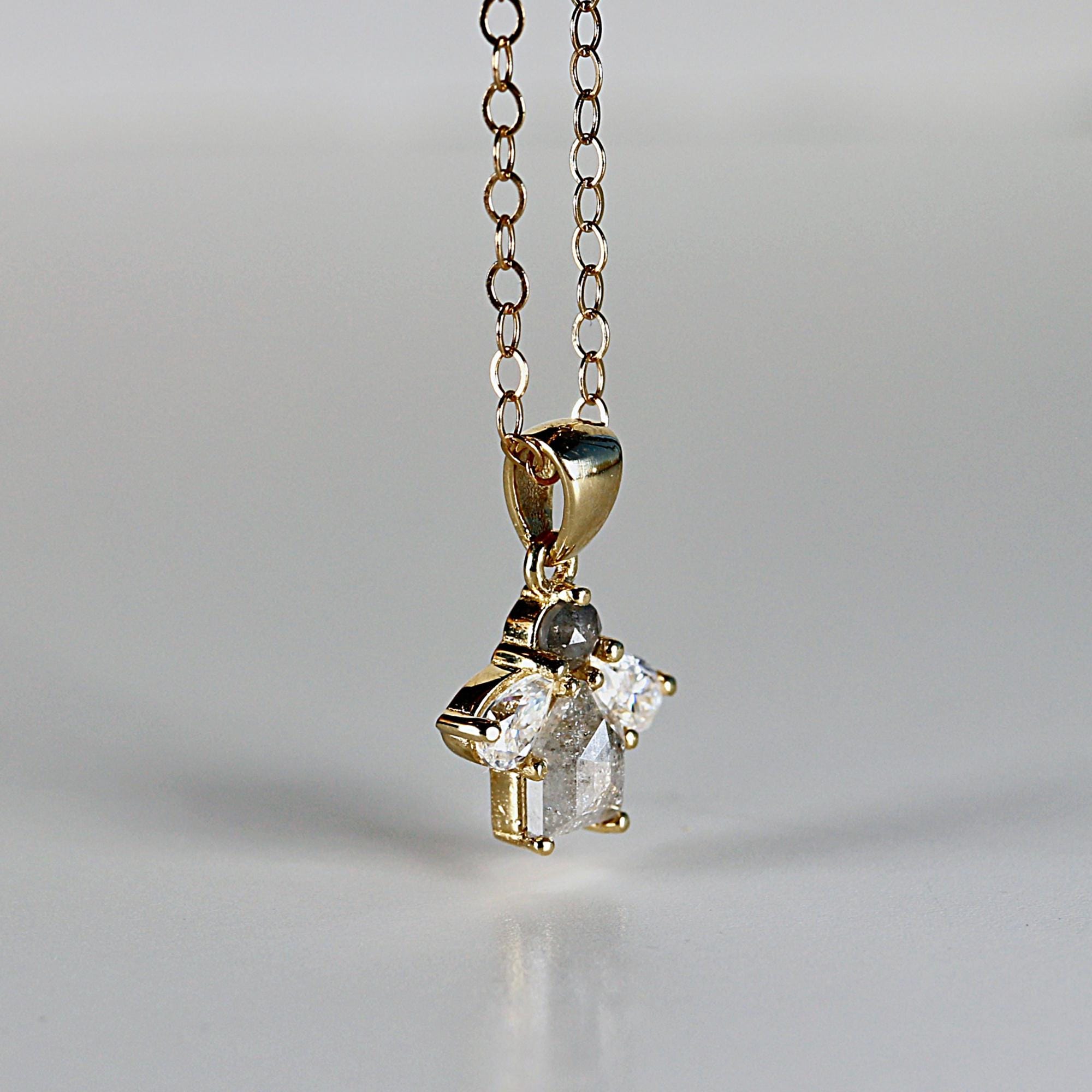 14K Solid Gold Salt and Pepper Diamond Cluster Necklace with Pear Moissanites - Melt'm Jewelry