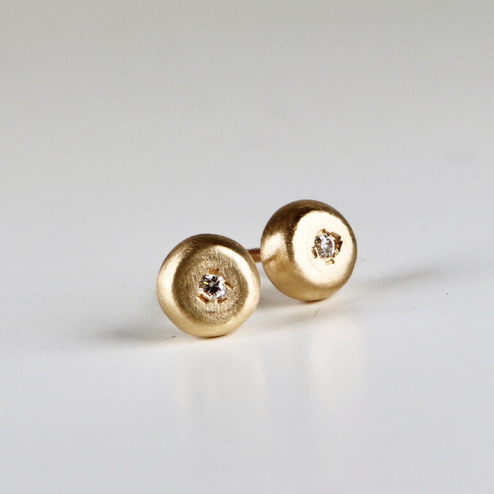 Rustic Diamond Pebble Stud Earrings 14k Solid Gold (SINGLE or PAIR)