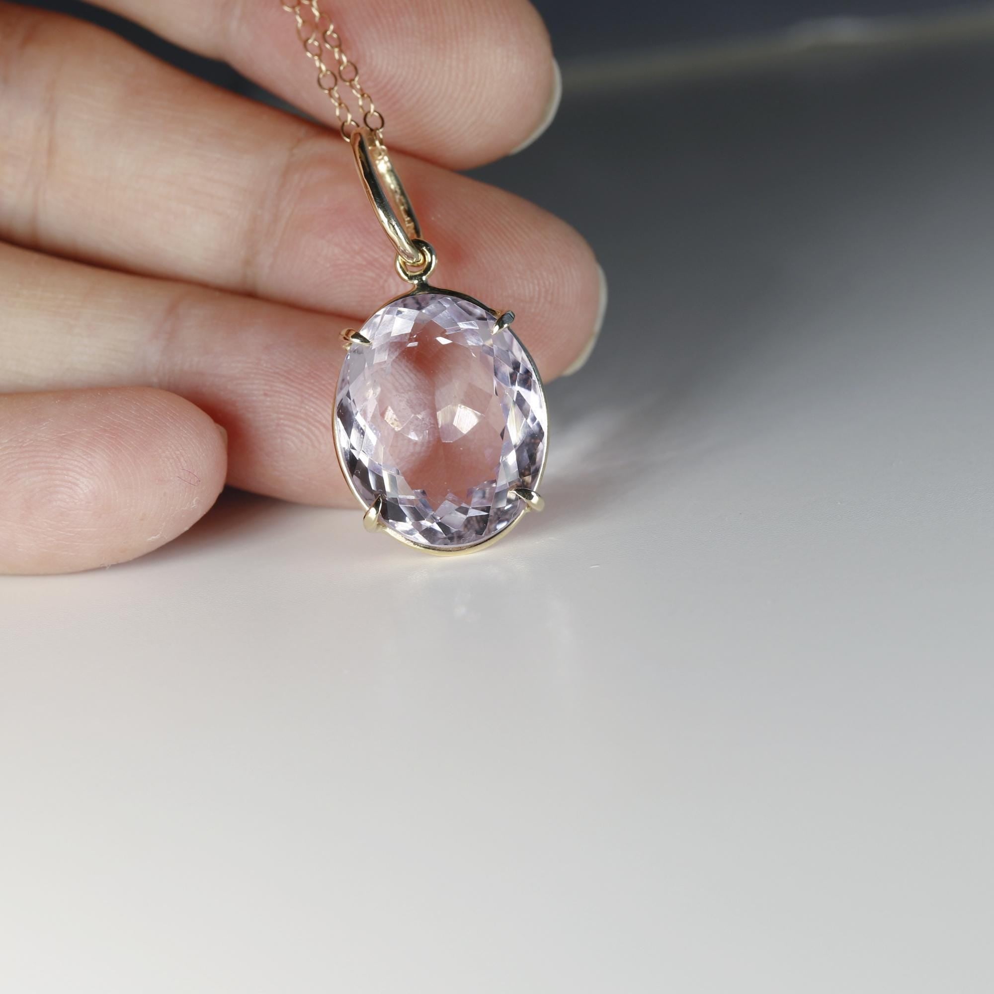 Large Lilac Amethyst Pendant Necklace 14k Solid Gold, February Birthstone Minimalist Oval Amethyst Pendant Necklace, Mother&#39;s Day Gift,