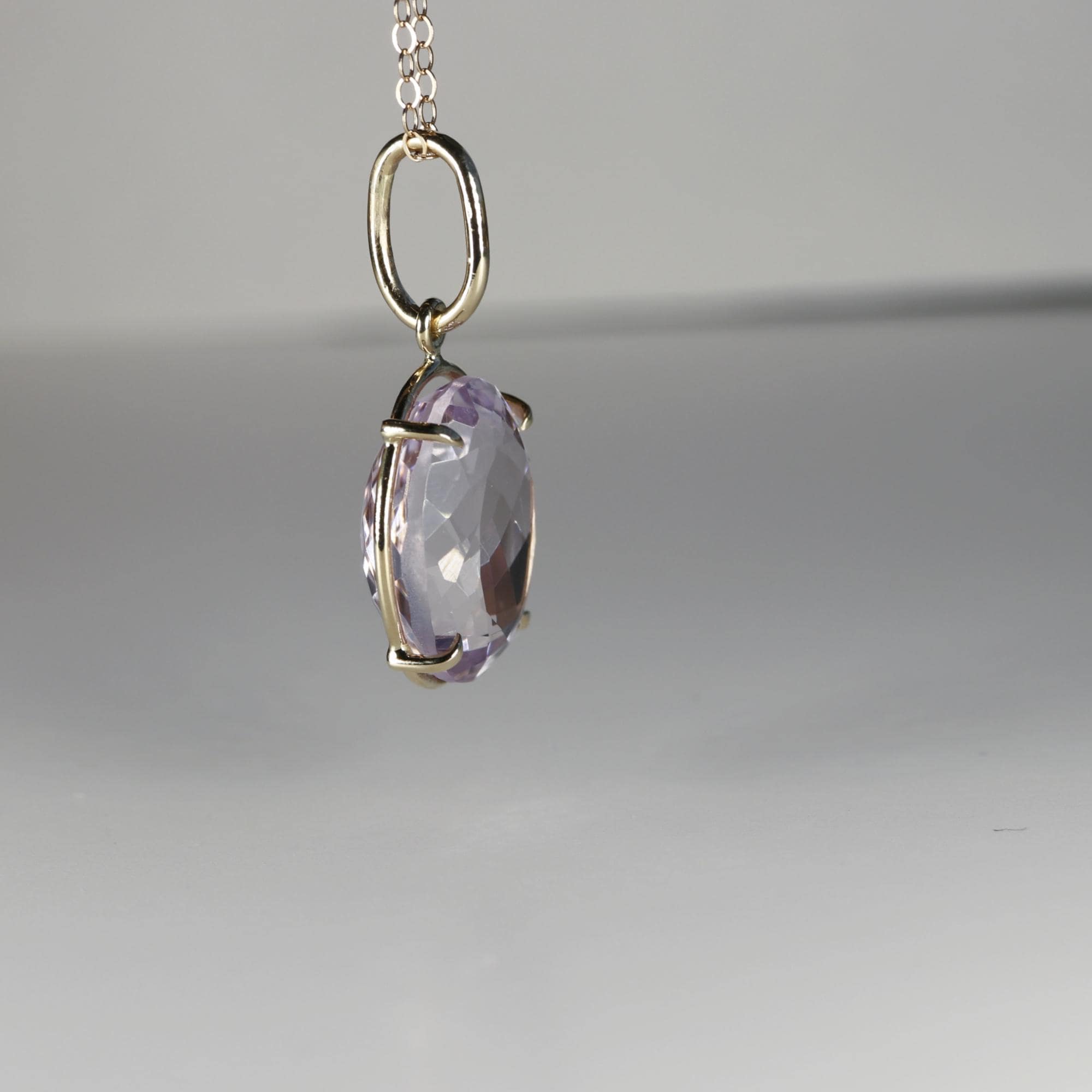 Large Lilac Amethyst Pendant Necklace 14k Solid Gold, February Birthstone Minimalist Oval Amethyst Pendant Necklace, Mother&#39;s Day Gift,