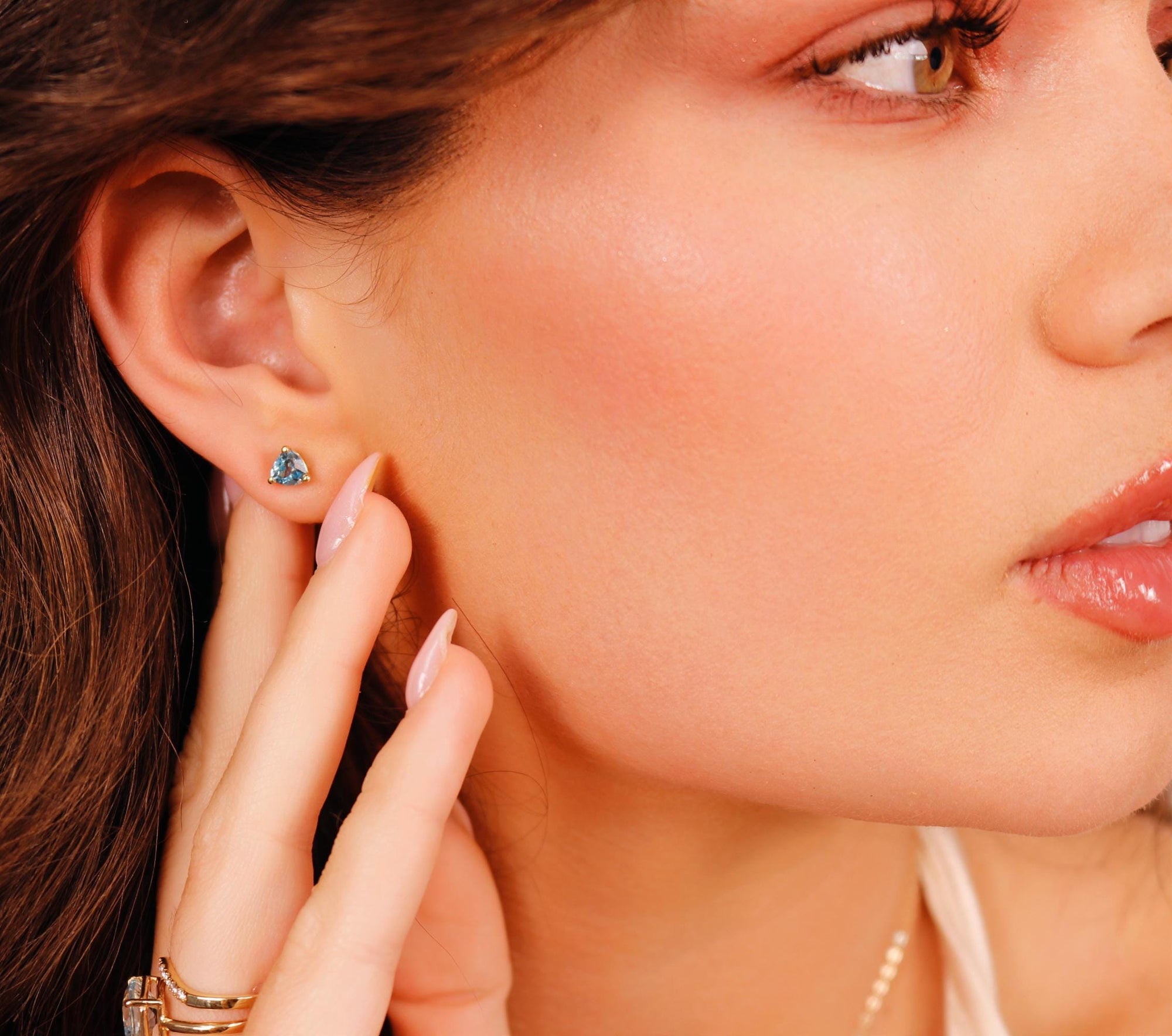 5mm Blue Topaz Earrings 14k Gold, Handmade Trillion Cut Blue Topaz Stud Earrings - Melt'm Jewelry