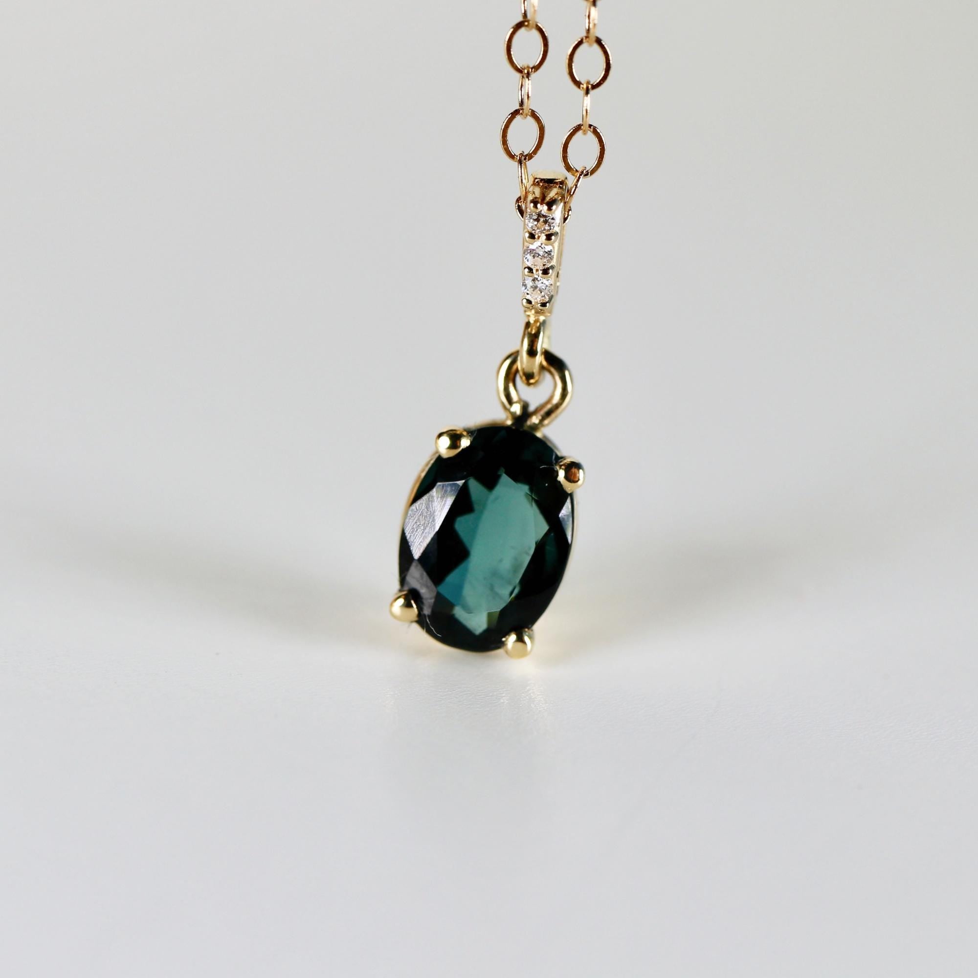 Green Tourmaline Necklace 14k Solid Gold with Diamond Bail, Genuine Tourmaline Pendant Necklace, October Birthstone Jewelry Gift For Her