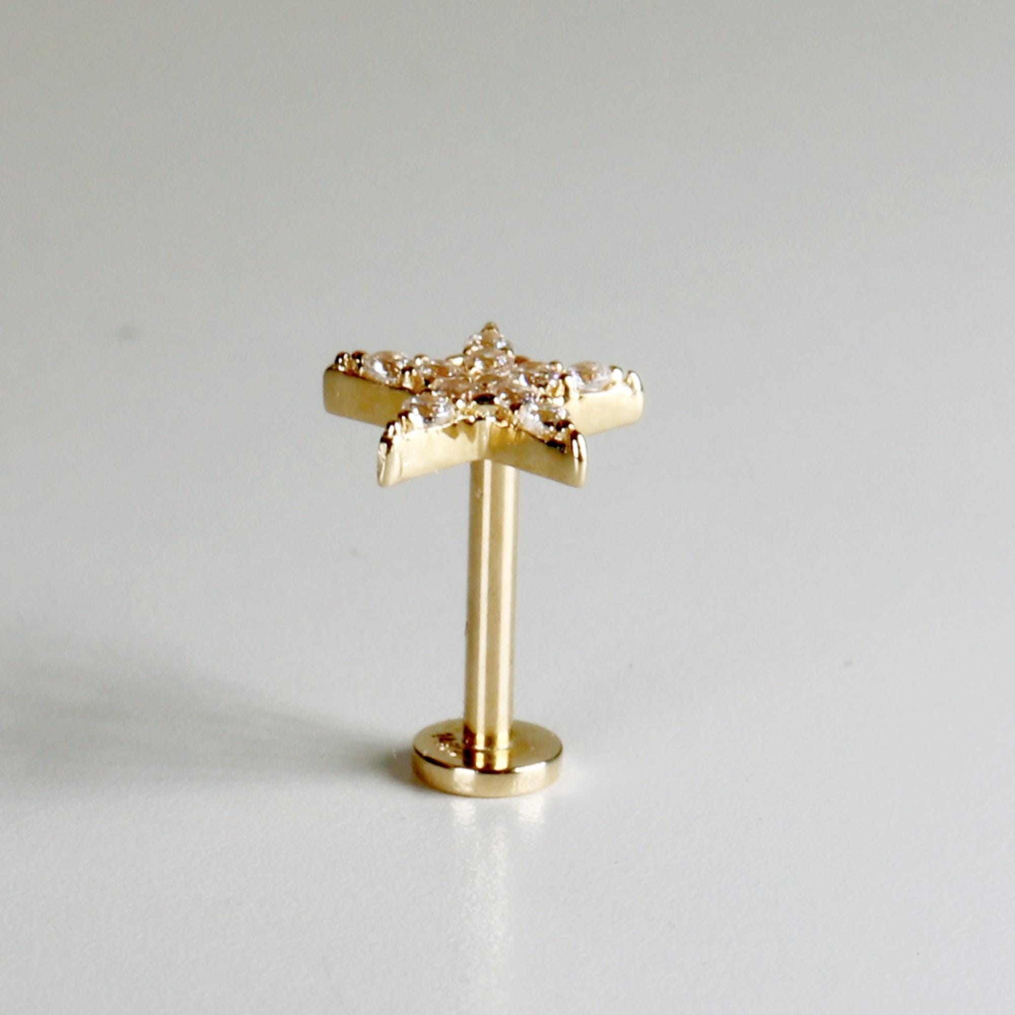 Cz Star Earrings 14k Solid Gold, Internally Threaded Flat Back Earrings, Celestial Earrings Studs, Tragus Stud, Jewelry Gift for Mom