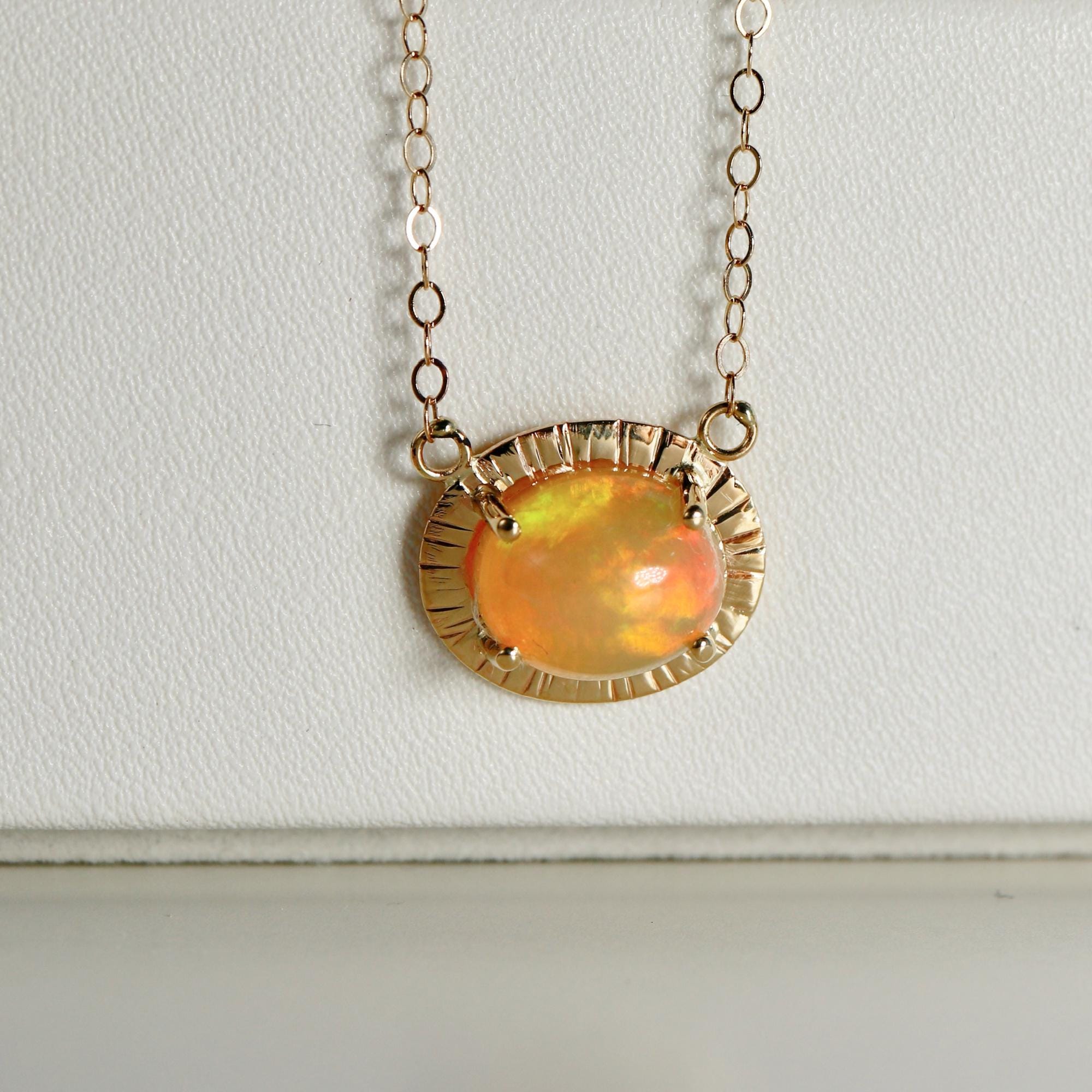 Halo Opal Necklace 14k Solid Gold, Genuine Fire Opal Pendant Necklace, October Birthstone Jewelry, Gift For Her