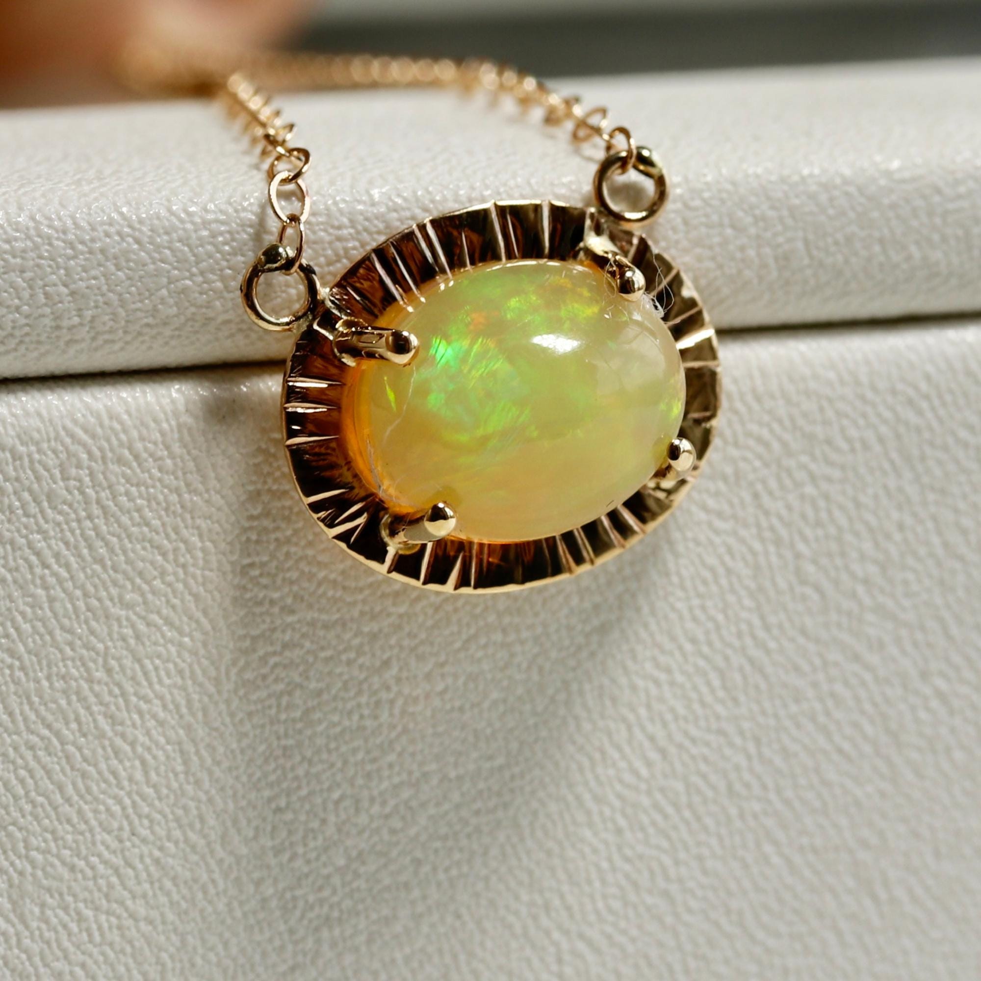 Halo Opal Necklace 14k Solid Gold, Genuine Fire Opal Pendant Necklace, October Birthstone Jewelry, Gift For Her