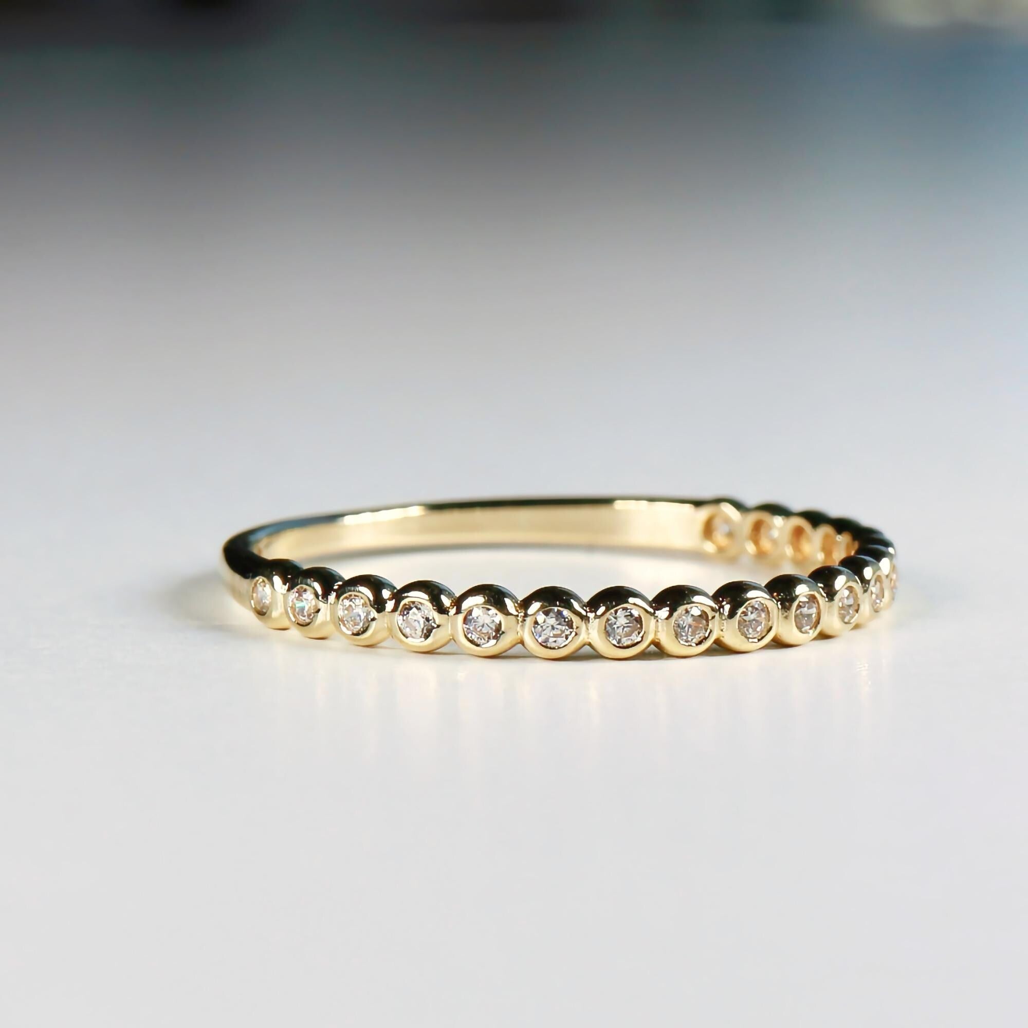 Bezel Half Eternity Stacking Ring 14k Solid Gold, Eternity Wedding Band