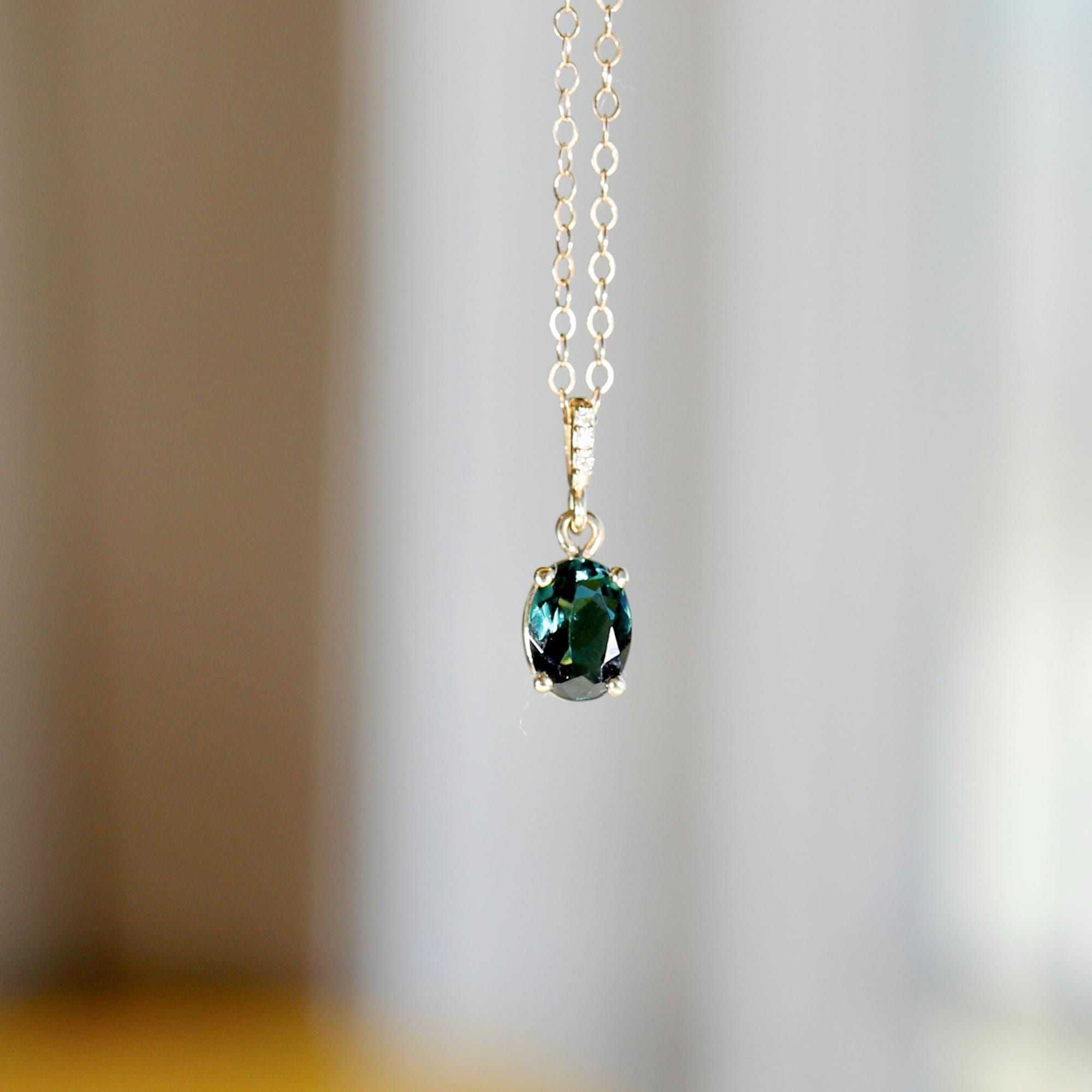 Green Tourmaline Necklace 14k Solid Gold with Diamond Bail, Genuine Tourmaline Pendant Necklace, October Birthstone Jewelry Gift For Her