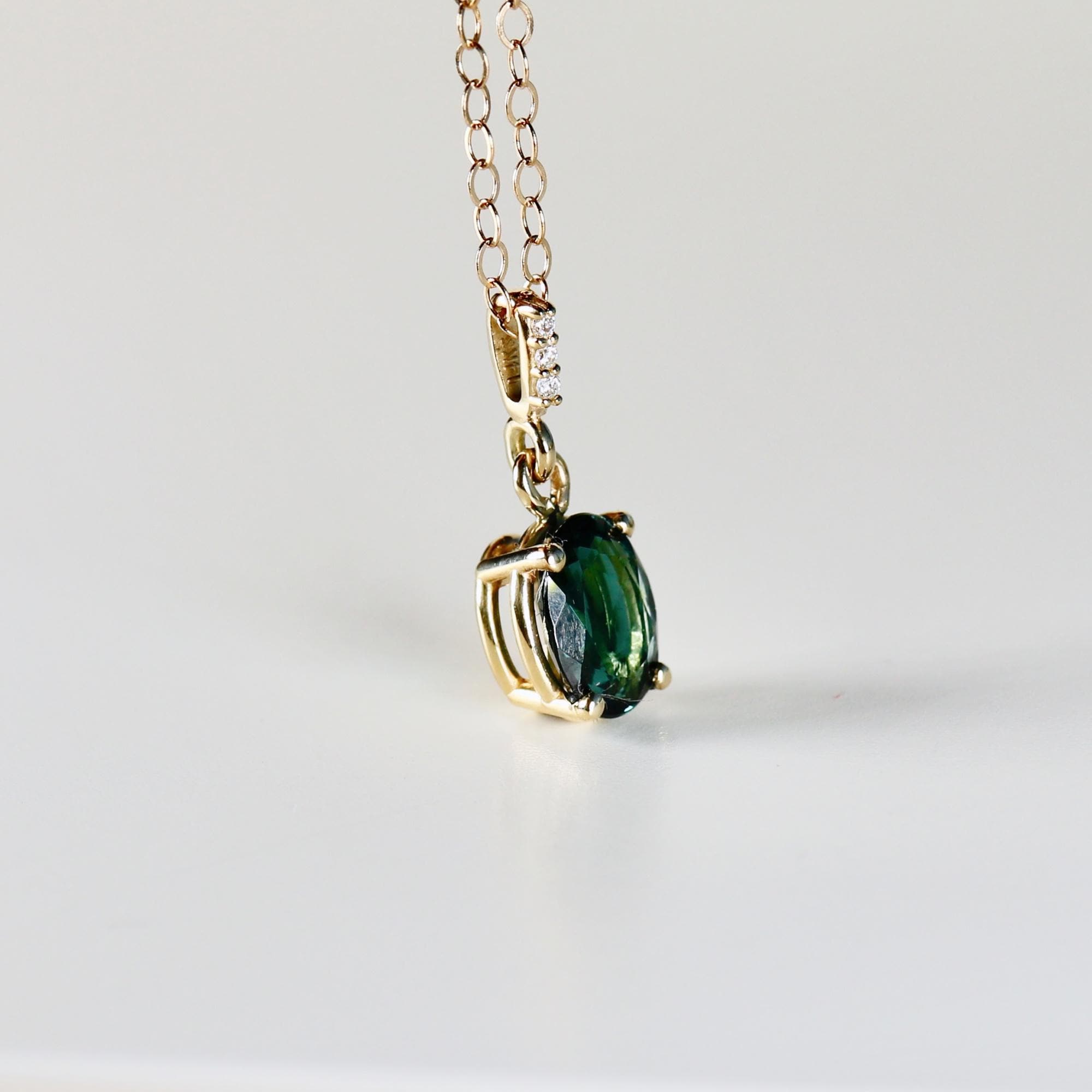 Green Tourmaline Necklace 14k Solid Gold with Diamond Bail, Genuine Tourmaline Pendant Necklace, October Birthstone Jewelry Gift For Her