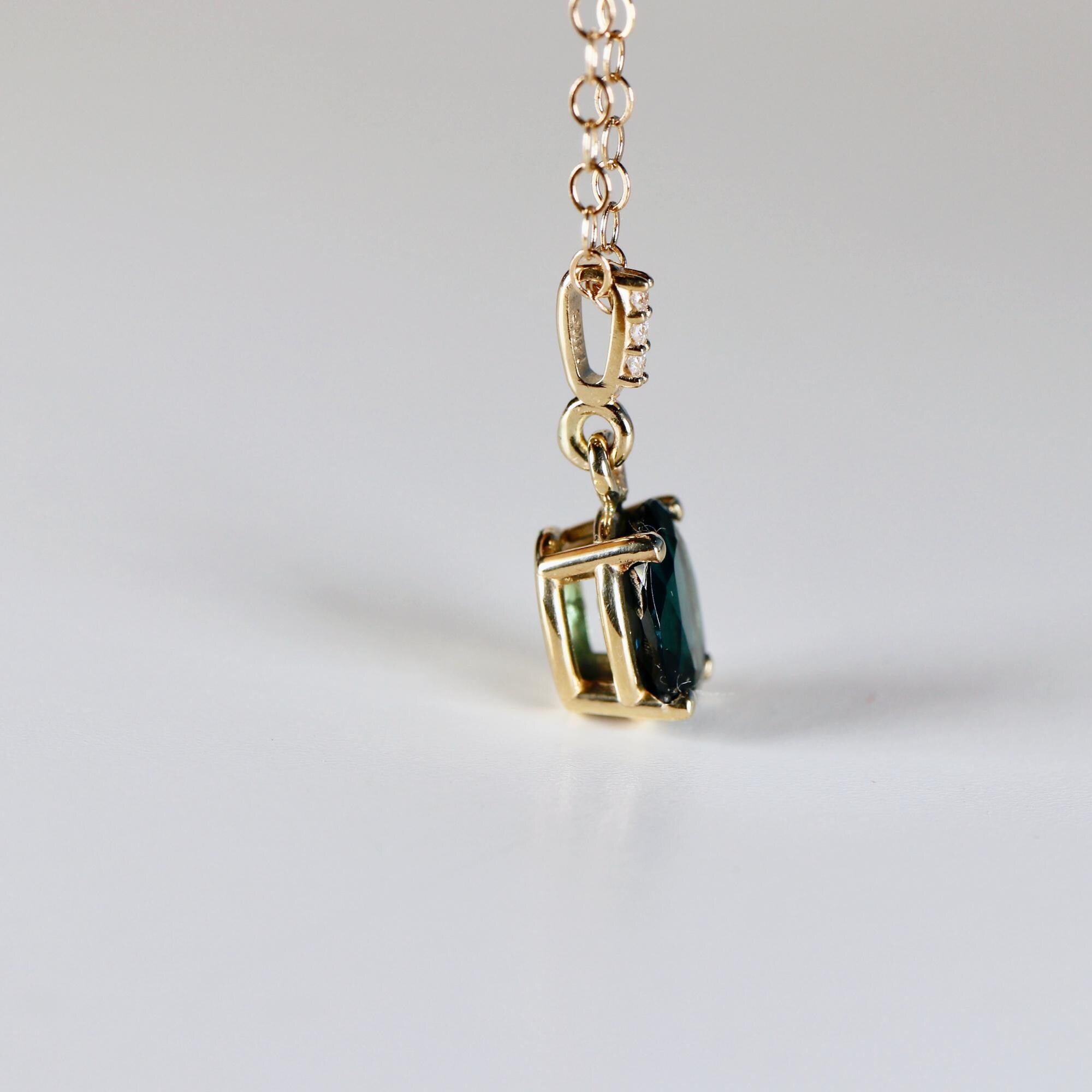 Green Tourmaline Necklace 14k Solid Gold with Diamond Bail, Genuine Tourmaline Pendant Necklace, October Birthstone Jewelry Gift For Her