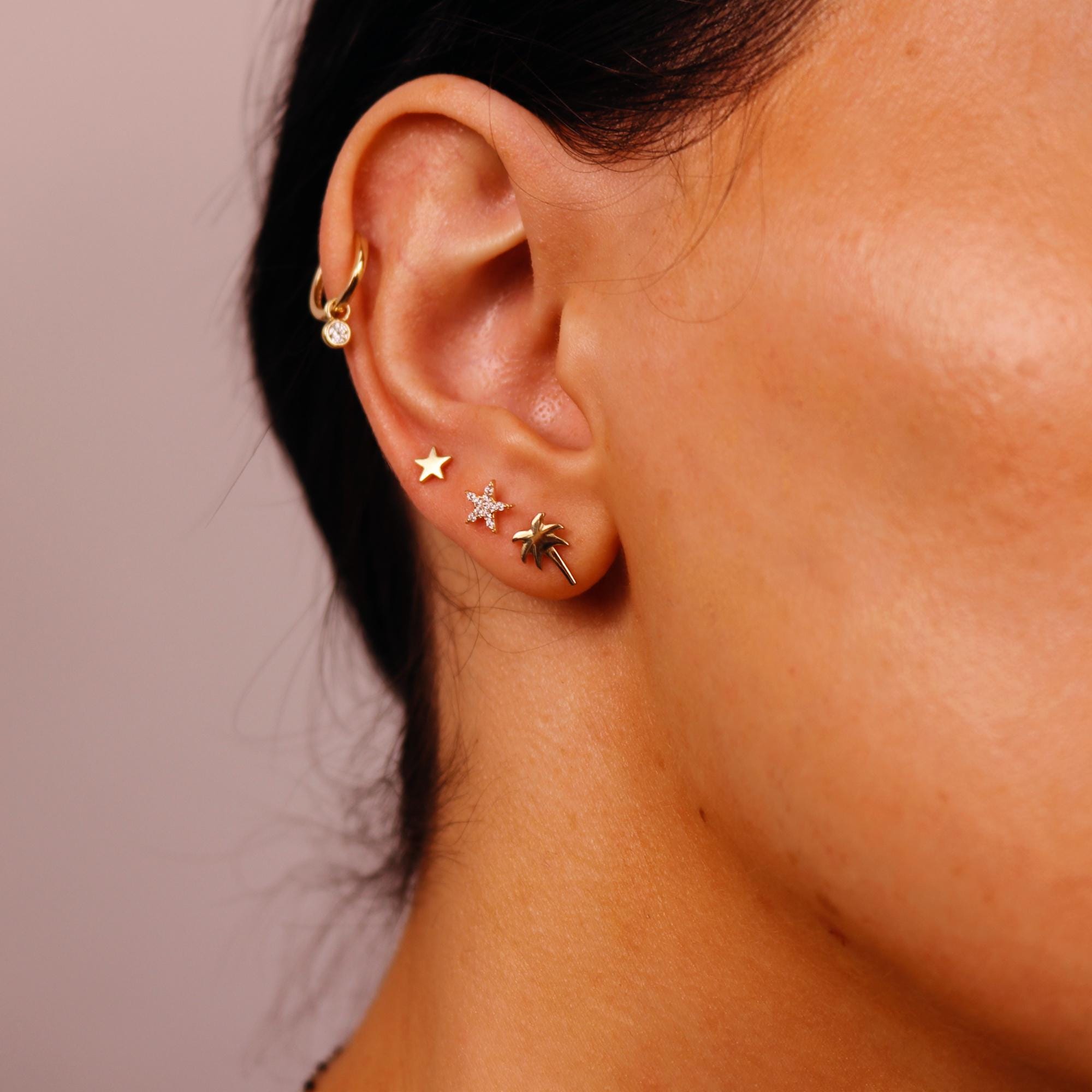 Cz Star Earrings 14k Solid Gold, Internally Threaded Flat Back Earrings, Celestial Earrings Studs, Tragus Stud, Jewelry Gift for Mom