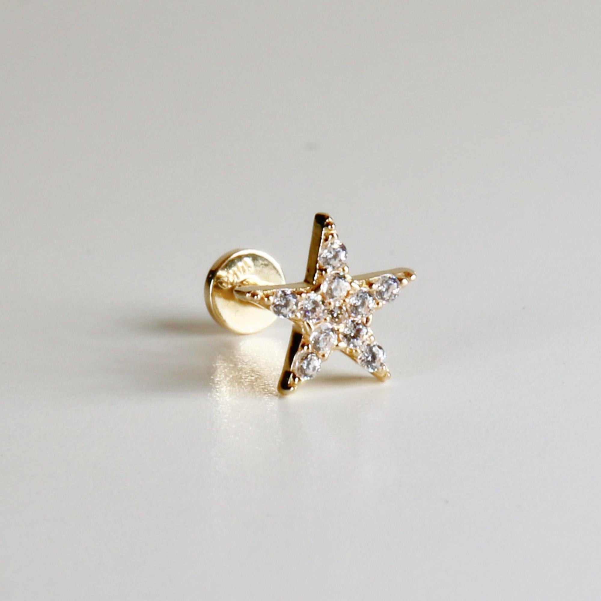 Cz Star Earrings 14k Solid Gold, Internally Threaded Flat Back Earrings, Celestial Earrings Studs, Tragus Stud, Jewelry Gift for Mom