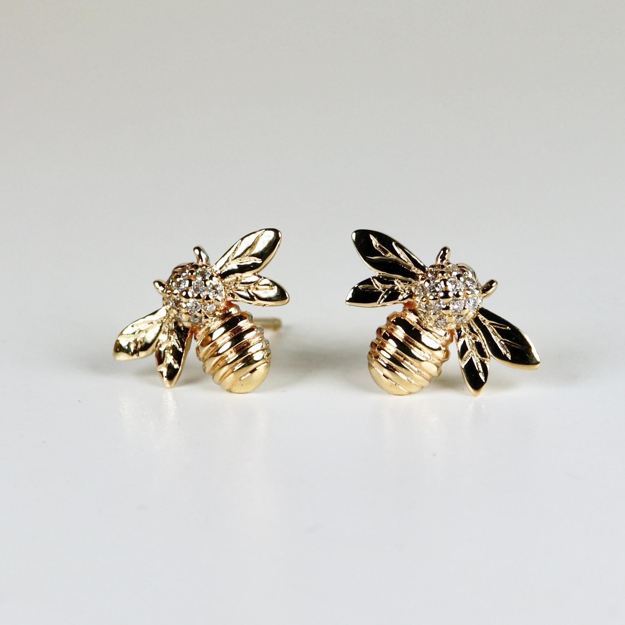Real Diamond Bumble Bee Earrings 14k Gold (SINGLE OR PAIR) - Melt'm Jewelry