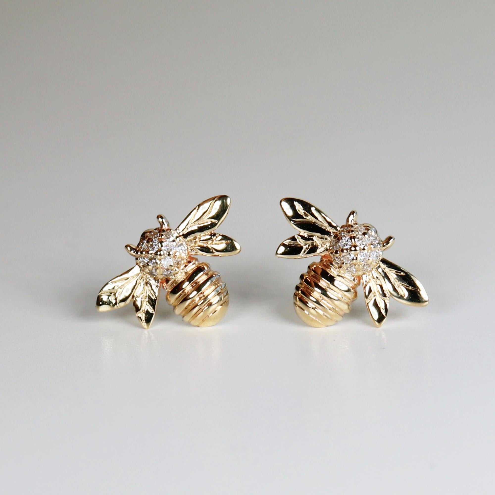 Real Diamond Bumble Bee Earrings 14k Gold (SINGLE OR PAIR) - Melt'm Jewelry