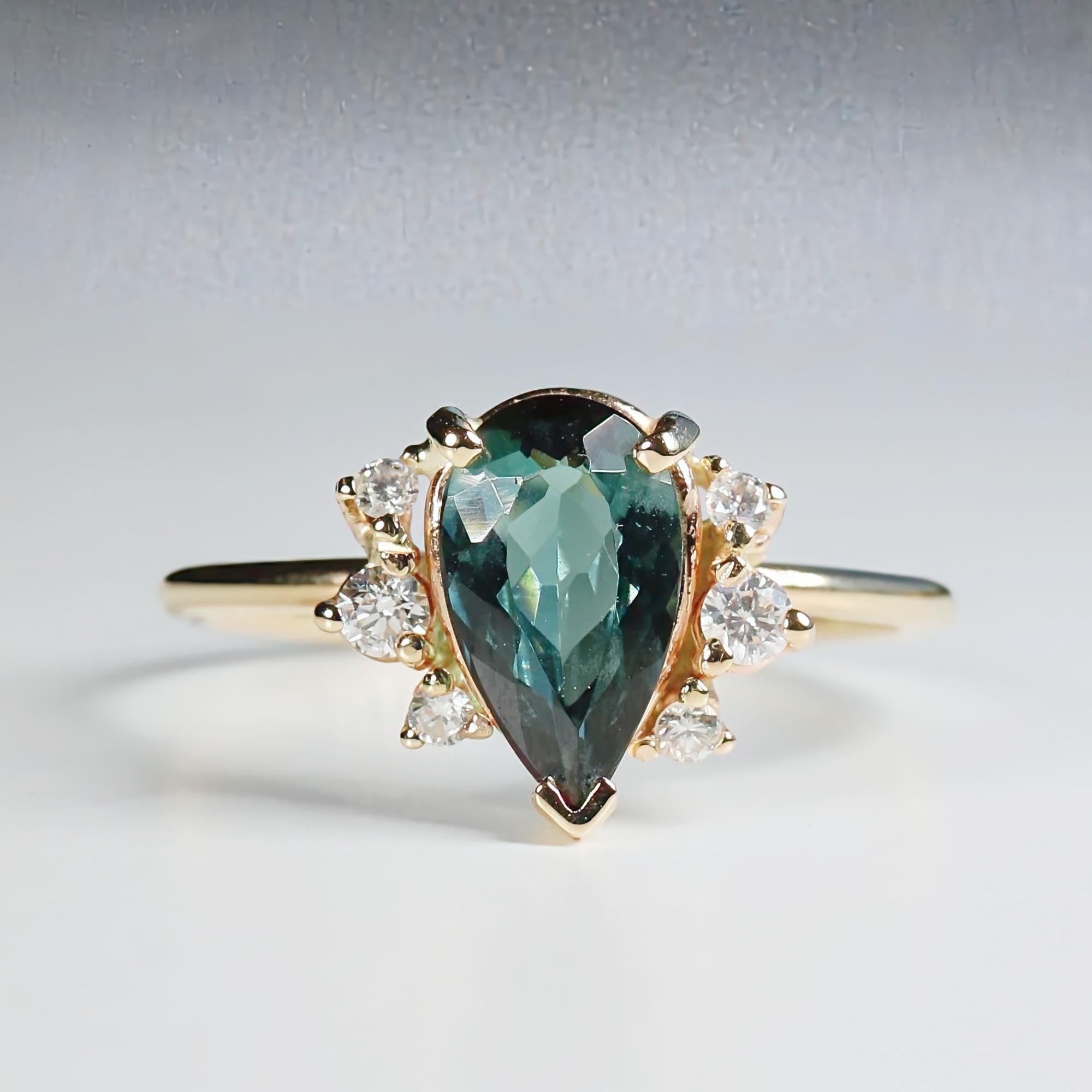 Pear Tourmaline with Diamond Engagement Ring 14k Solid Gold, Green Tourmaline Ring with Diamonds, Handmade Jewelry, Gemstone Anniversary