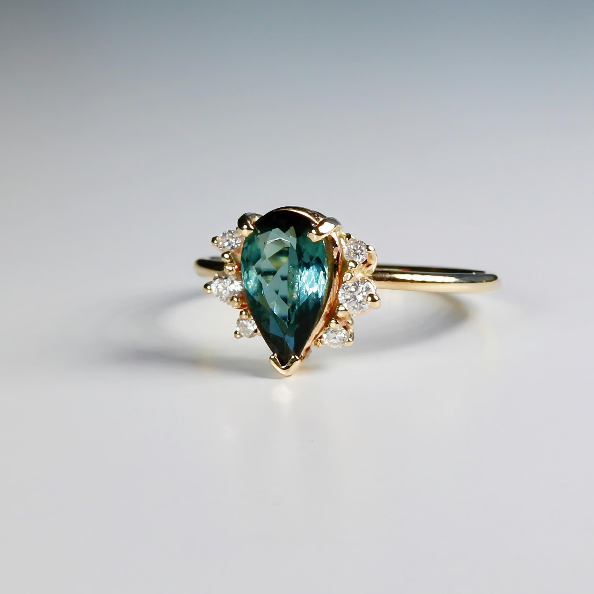 Pear Tourmaline with Diamond Engagement Ring 14k Solid Gold, Green Tourmaline Ring with Diamonds, Handmade Jewelry, Gemstone Anniversary